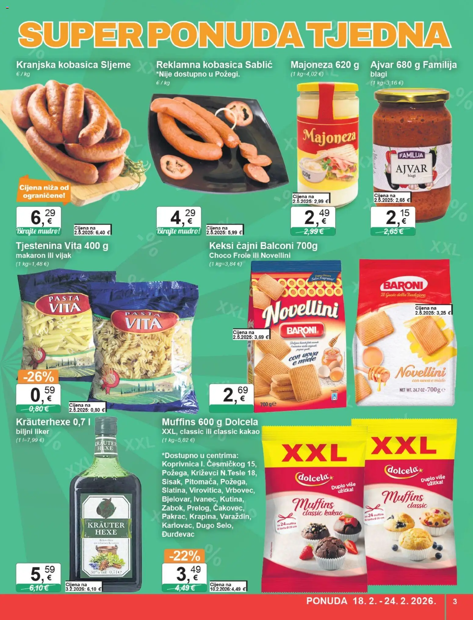 KTC katalog | vrijedi od 18.02.2026 | Stranica: 3 | Proizvodi: Kranjska kobasica, Tjestenina, Pasta, Kakao