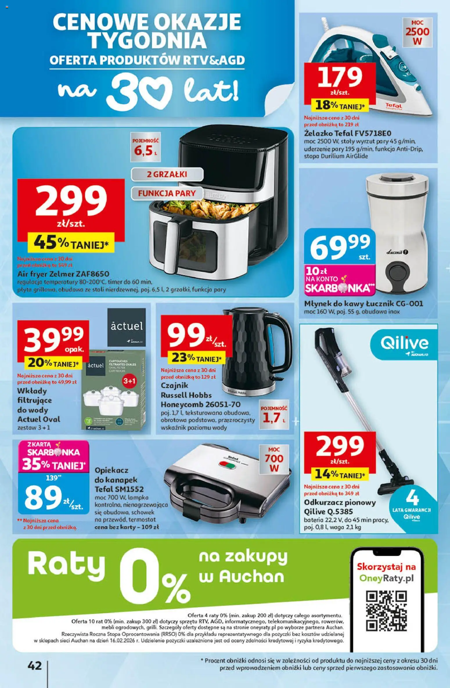 Auchan - Gazetka 30 Lat Hipermarket  od 09.04.2026 | Strona: 42 | Produkty: Czajnik, Odkurzacz, Opiekacz, Młynek do kawy