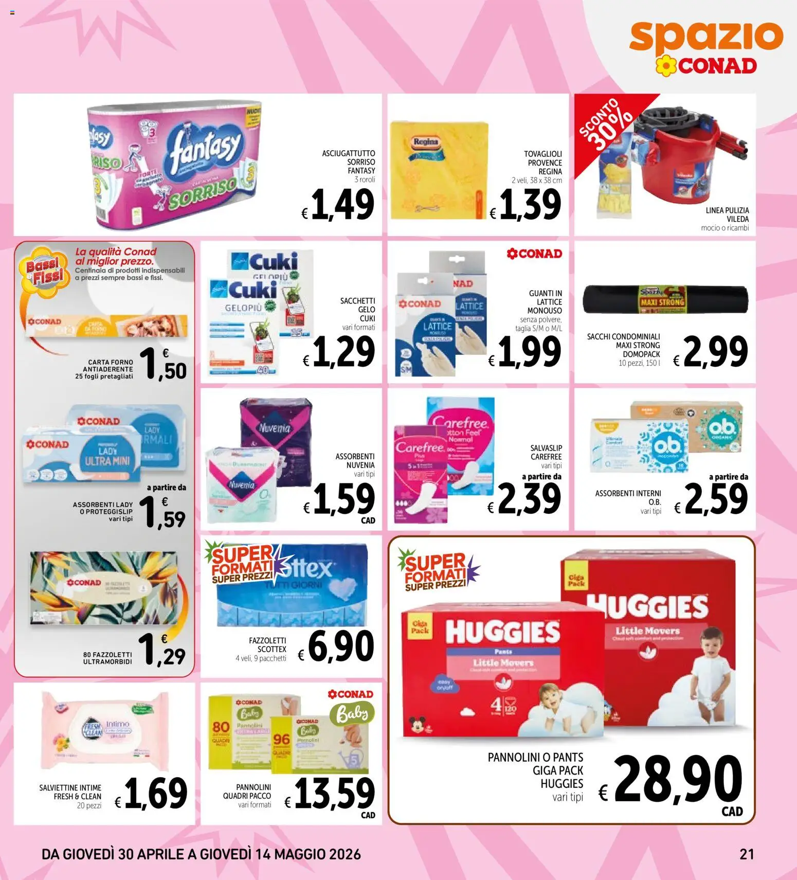 Volantino Spazio Conad del 30.04.2026 | Pagina: 21 | Prodotti: Pannolini, Intimo, Guanti, Carta forno
