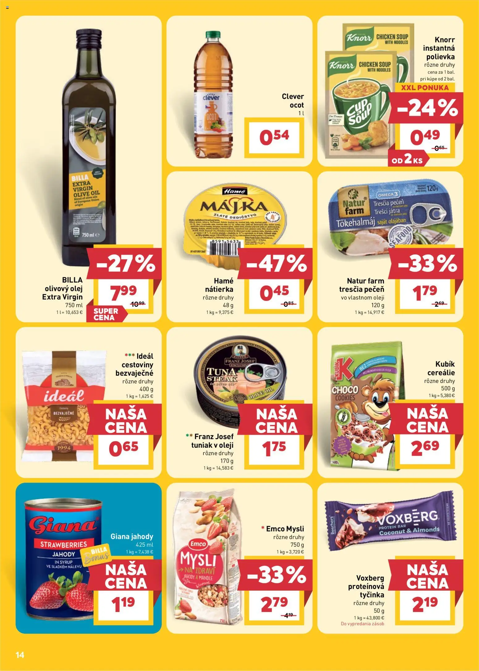 Nové Billa akcie – leták je platný od 29.04.2026 | Strana: 16 | Produkty: Olej, Protein, Cereálie, Ocot