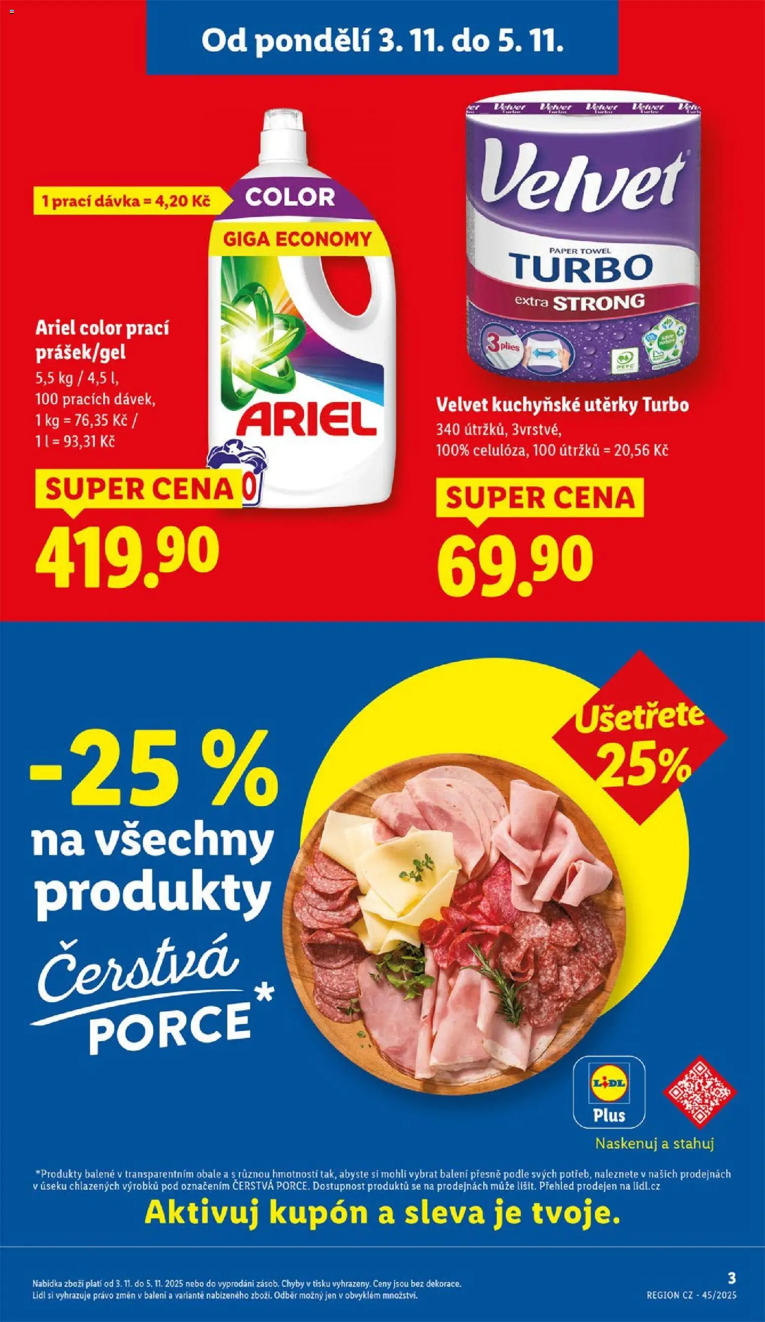 Lidl leták od 03.11.2025 | Strana: 3 | Produkty: Kuchyňské utěrky, Utěrky, Ariel, Velvet