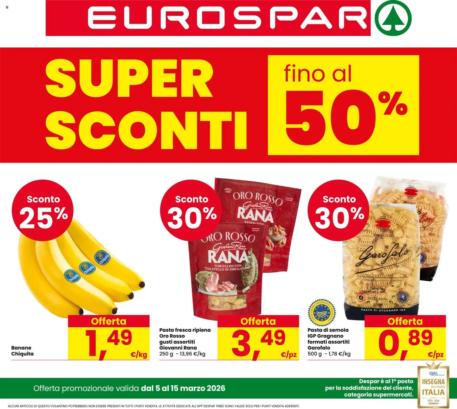 Volantino Eurospar del 05.03.2026 | Pagina: 1 | Prodotti: Banane, Pasta, Fusilli, Ravioli