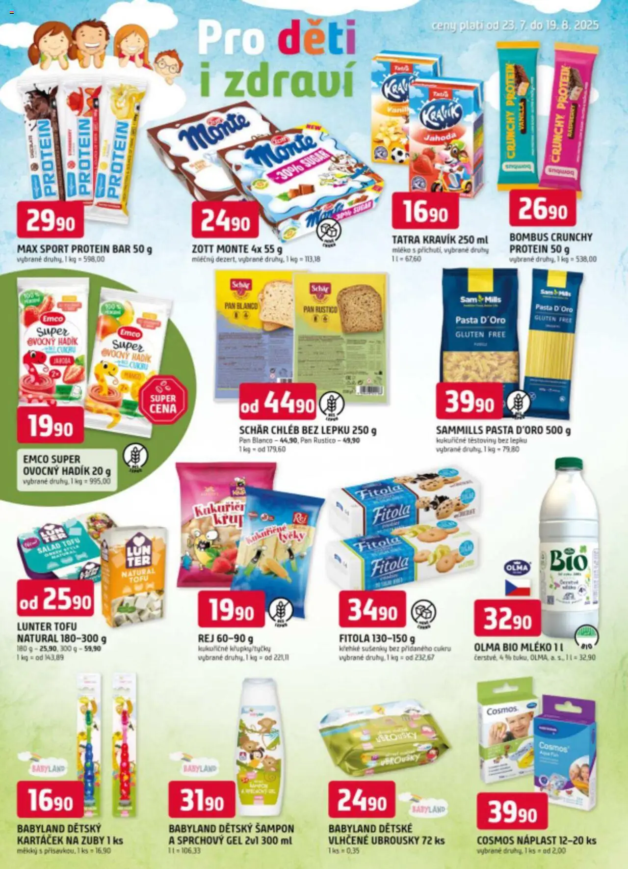 Trefa leták - Pro děti i zdraví od 23.07.2025 | Strana: 1 | Produkty: Sprchový gel, Těstoviny, Protein, Šampon