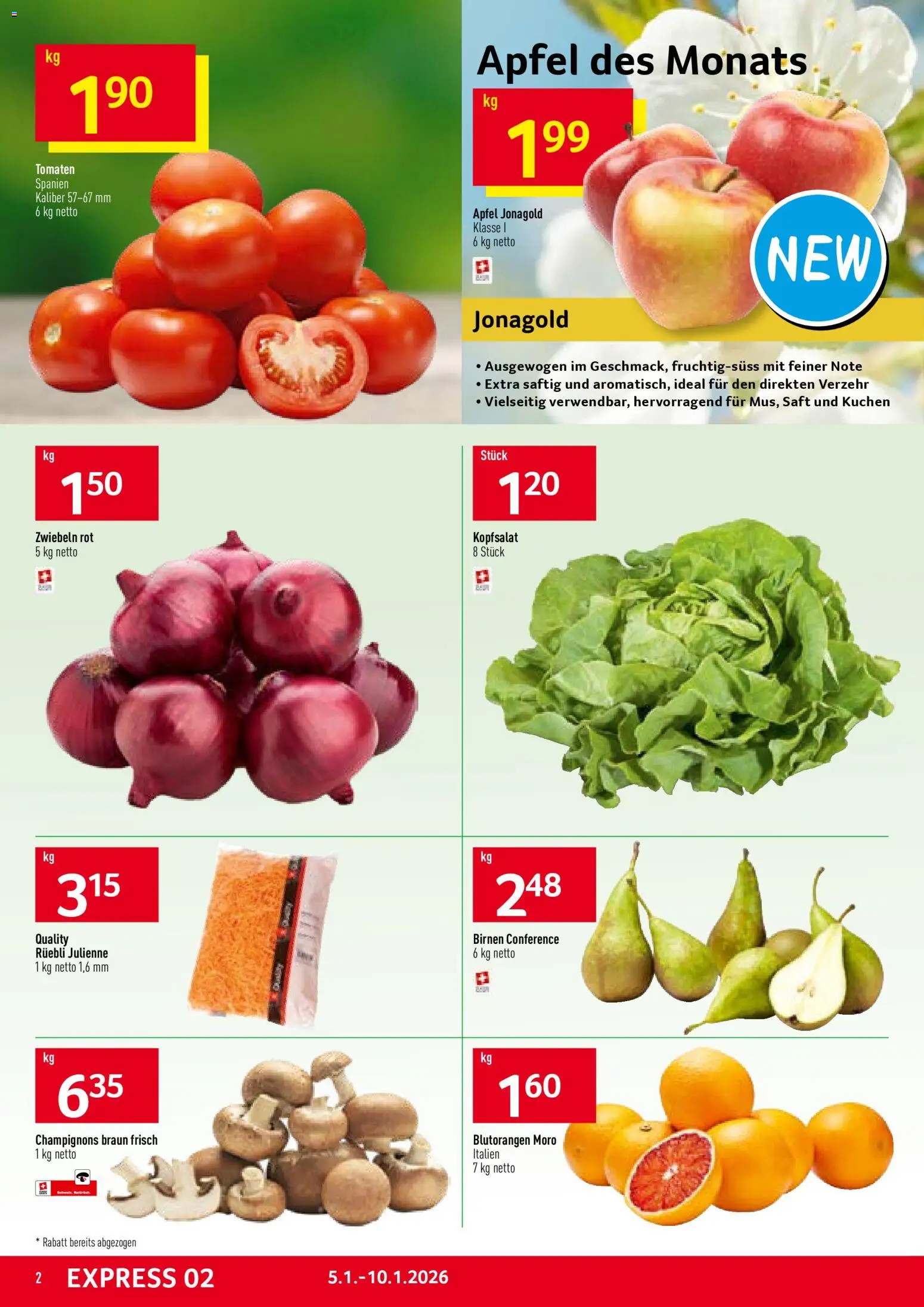 Prodega Aktionen – gültig ab 05.01.2026 | Seite: 2 | Produkte: Saft, Äpfel, Tomaten, Zwiebeln