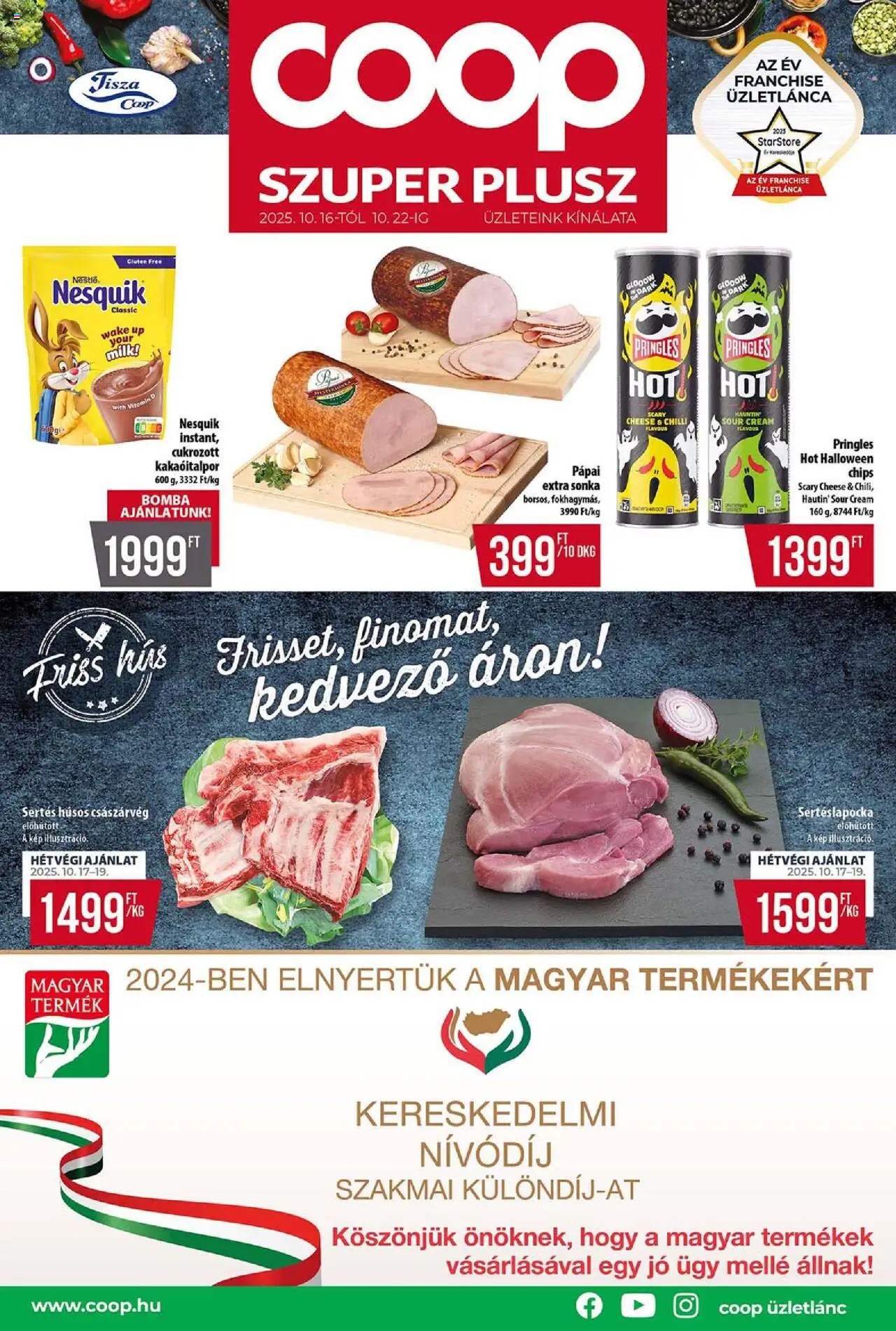 COOP akciós ujság - amely érvényes a következő dátumtól: 16.10.2025 | Oldal: 1 | Termékek: Chips, Hús, Sertéslapocka, Nesquik