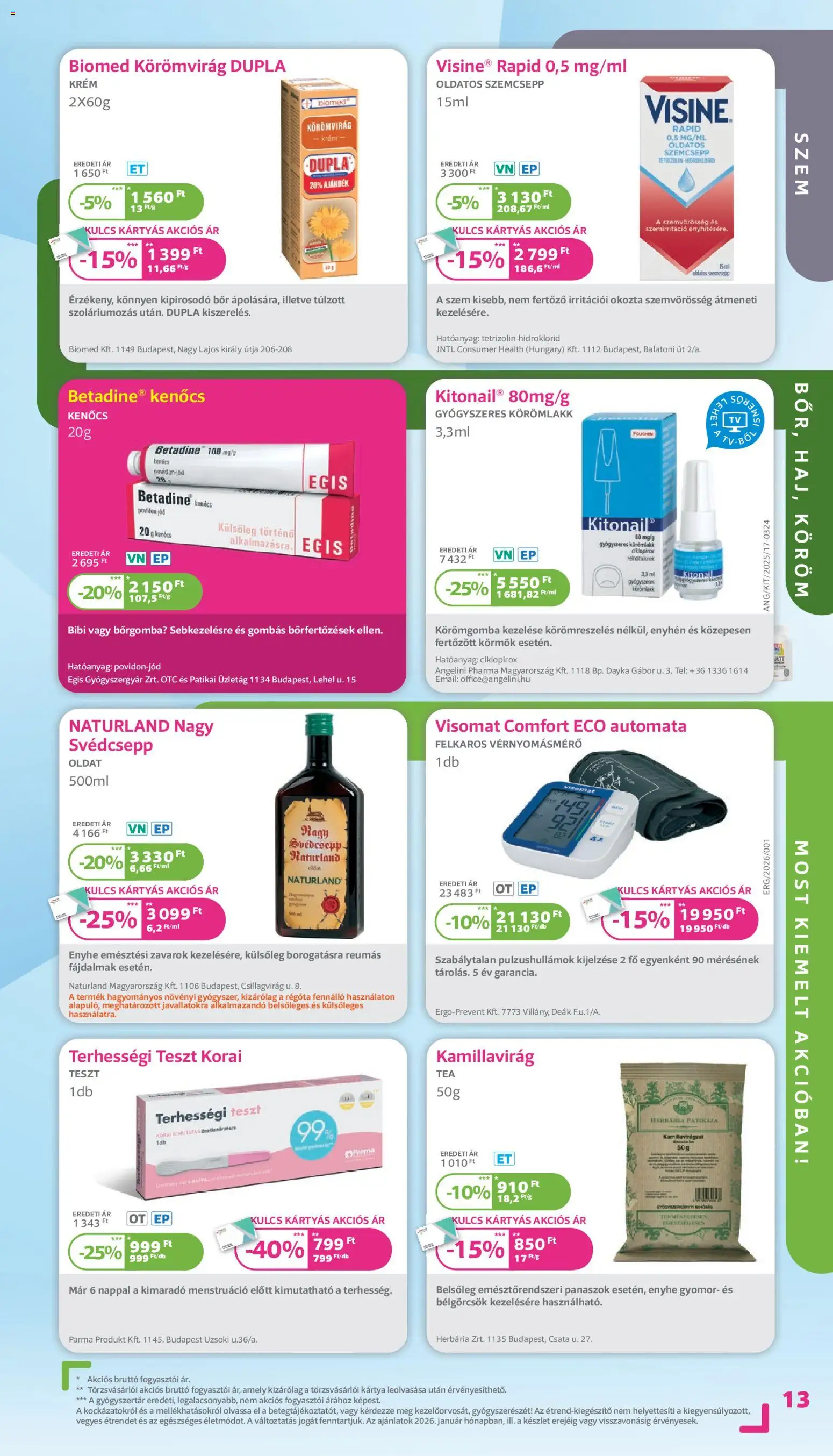 Kulcs Patika akciós ujság - amely érvényes a következő dátumtól: 01.01.2026 | Oldal: 13 | Termékek: Vérnyomásmérő, Körömlakk, Bor, Terhességi teszt