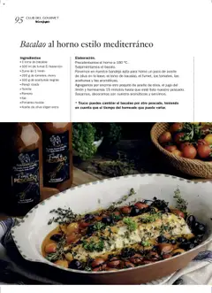 Bacalao al horno estilo mediterráneo, Recipe for baked cod in Mediterranean style with ingredients: cod loin, El Navarrico fish stock, lemon juice, cherry tomatoes, black olives, parsley, thyme, rosemary, salt, pepper, olive oil. │ válido desde el 27.06.2025 | Página: 95 | Productos: Aceite, Aceite de oliva virgen extra, Horno, Bandeja