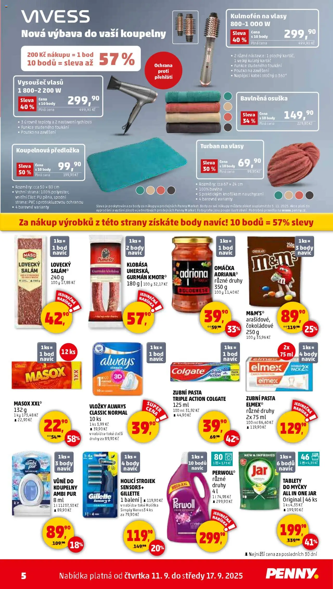 Penny Market leták - Čtvrtečník od 11.09.2025 | Strana: 5 | Produkty: Klobása, Kabel, Body, Kartáč