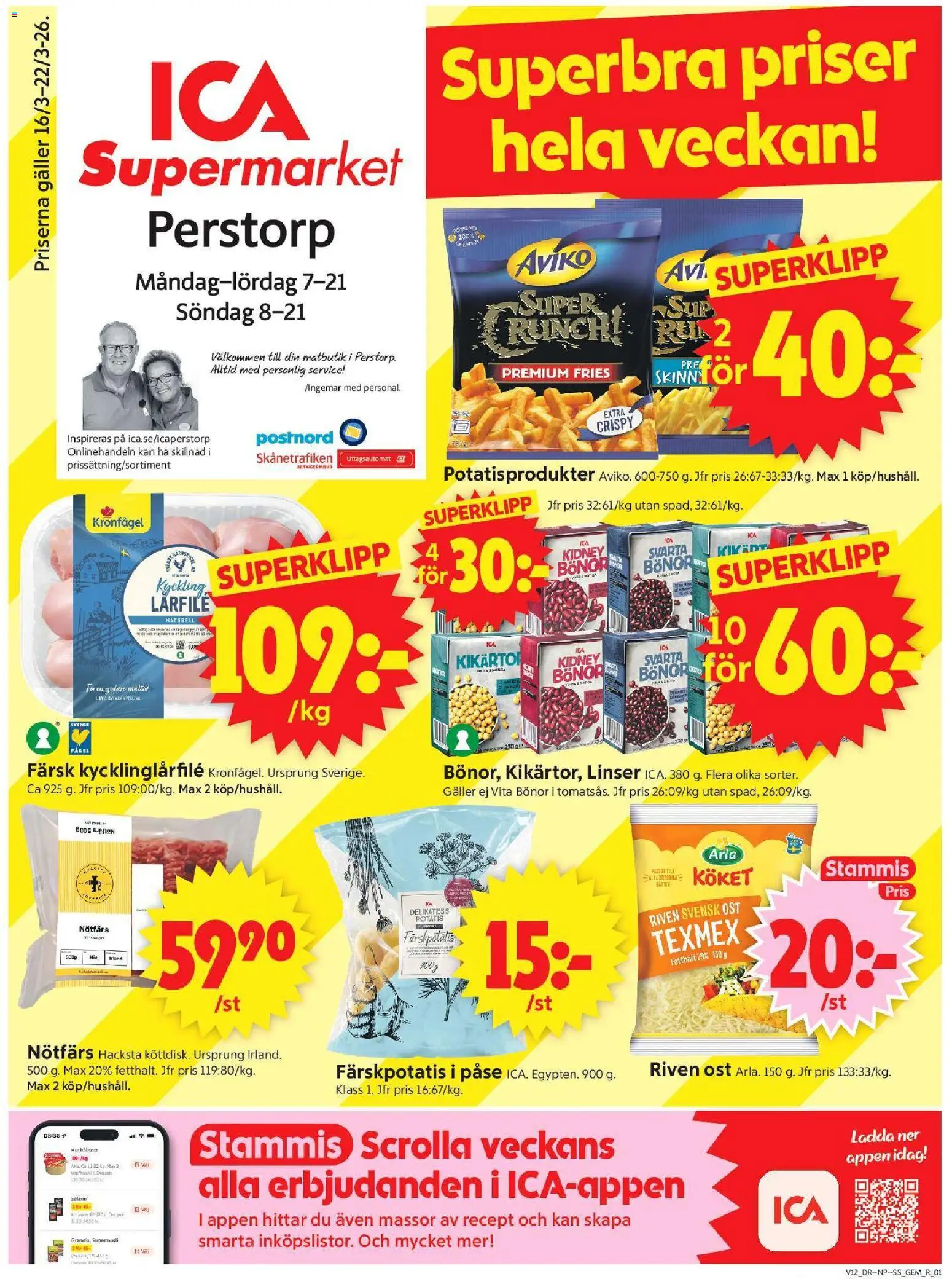 ICA Supermarket reklamblad aktuell från 16.03.2026 | Sida: 1 | Produkter: Färskpotatis, Svarta bönor, Salami, Bönor