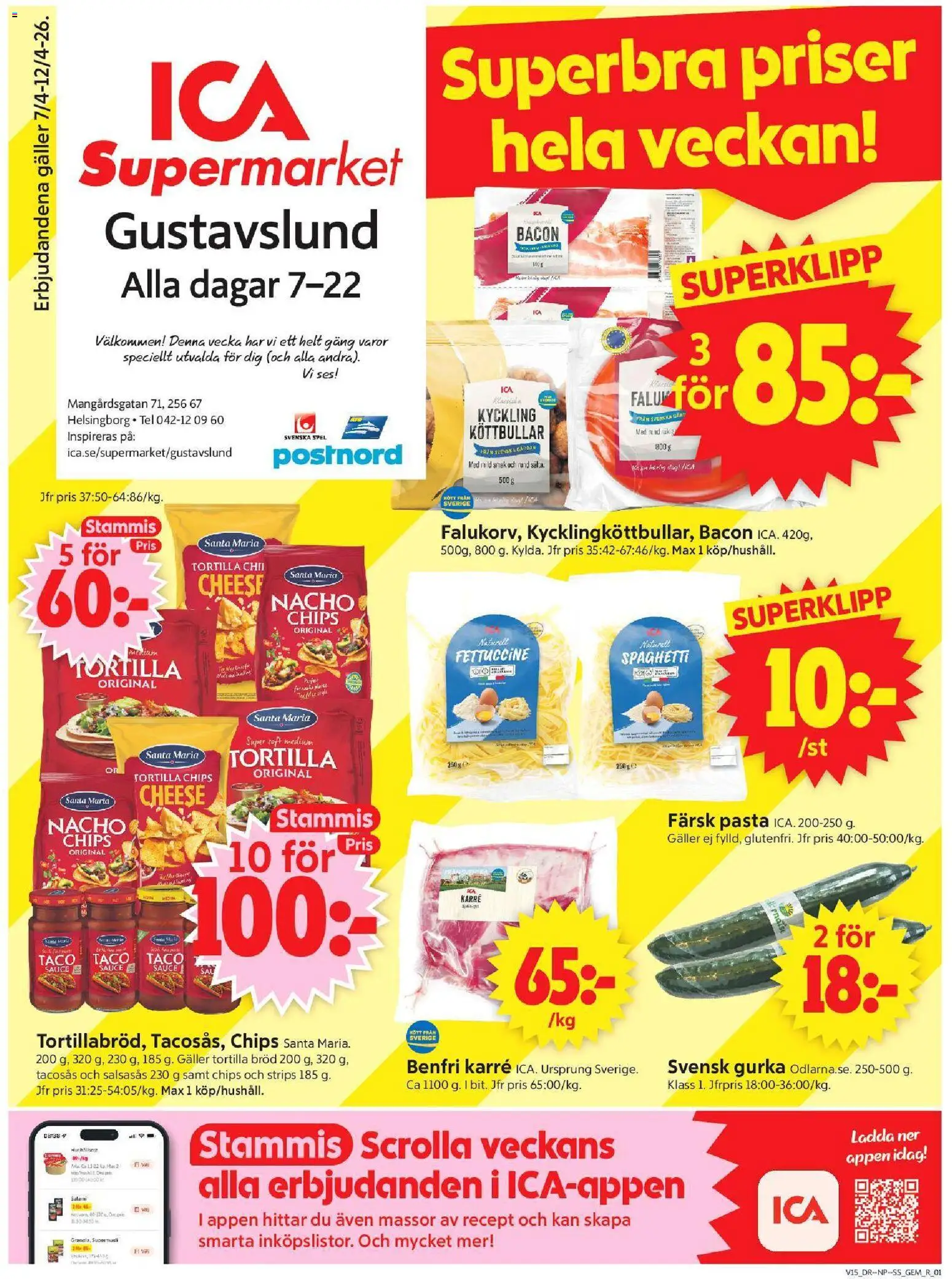 ICA Supermarket reklamblad aktuell från 06.04.2026 | Sida: 1 | Produkter: Tortilla, Tacosås, Bacon, Pasta