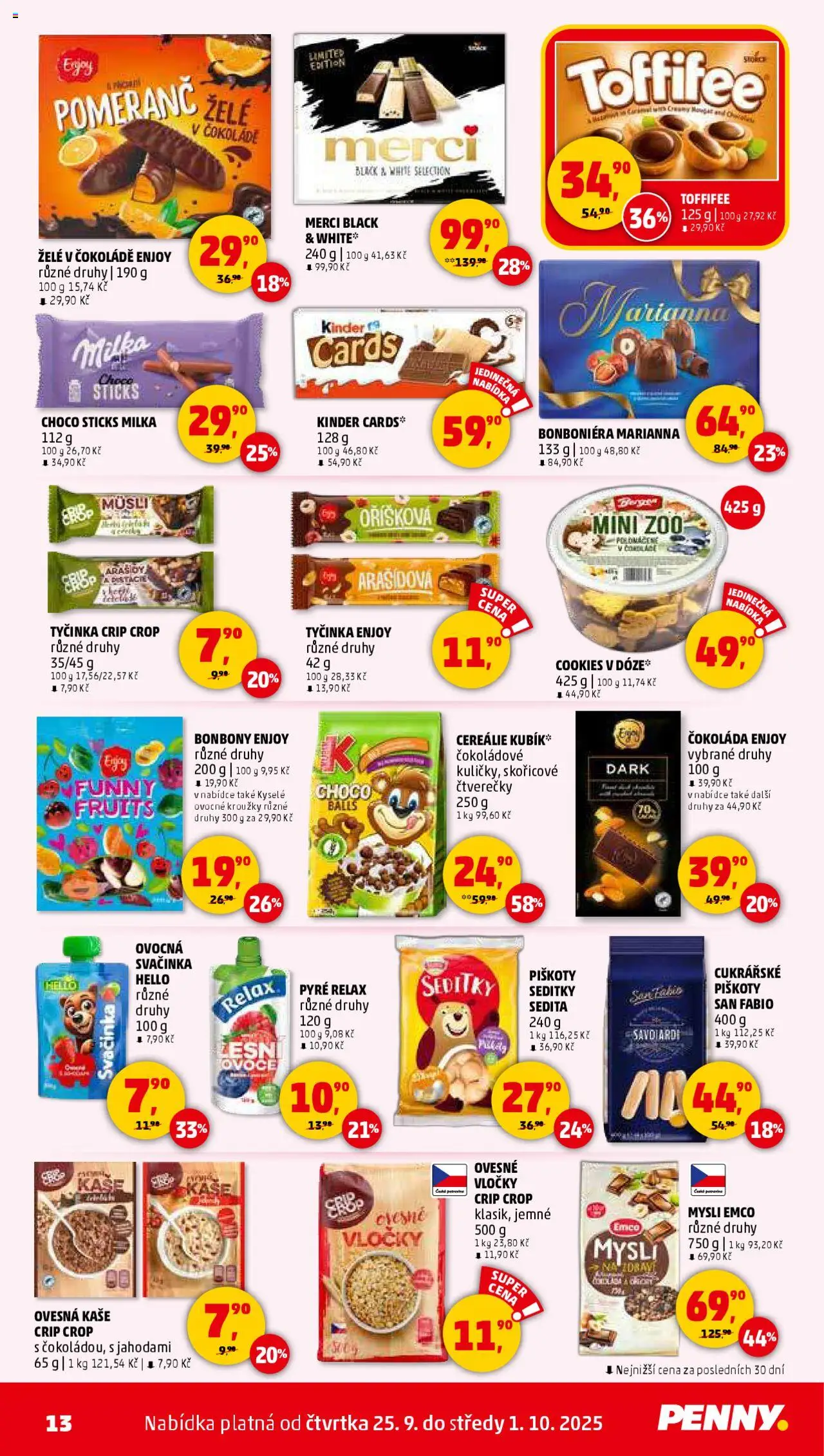 Penny Market leták - Čtvrtečník od 25.09.2025 | Strana: 13 | Produkty: Čokoláda, Merci, Piškoty cukrářské, Kinder
