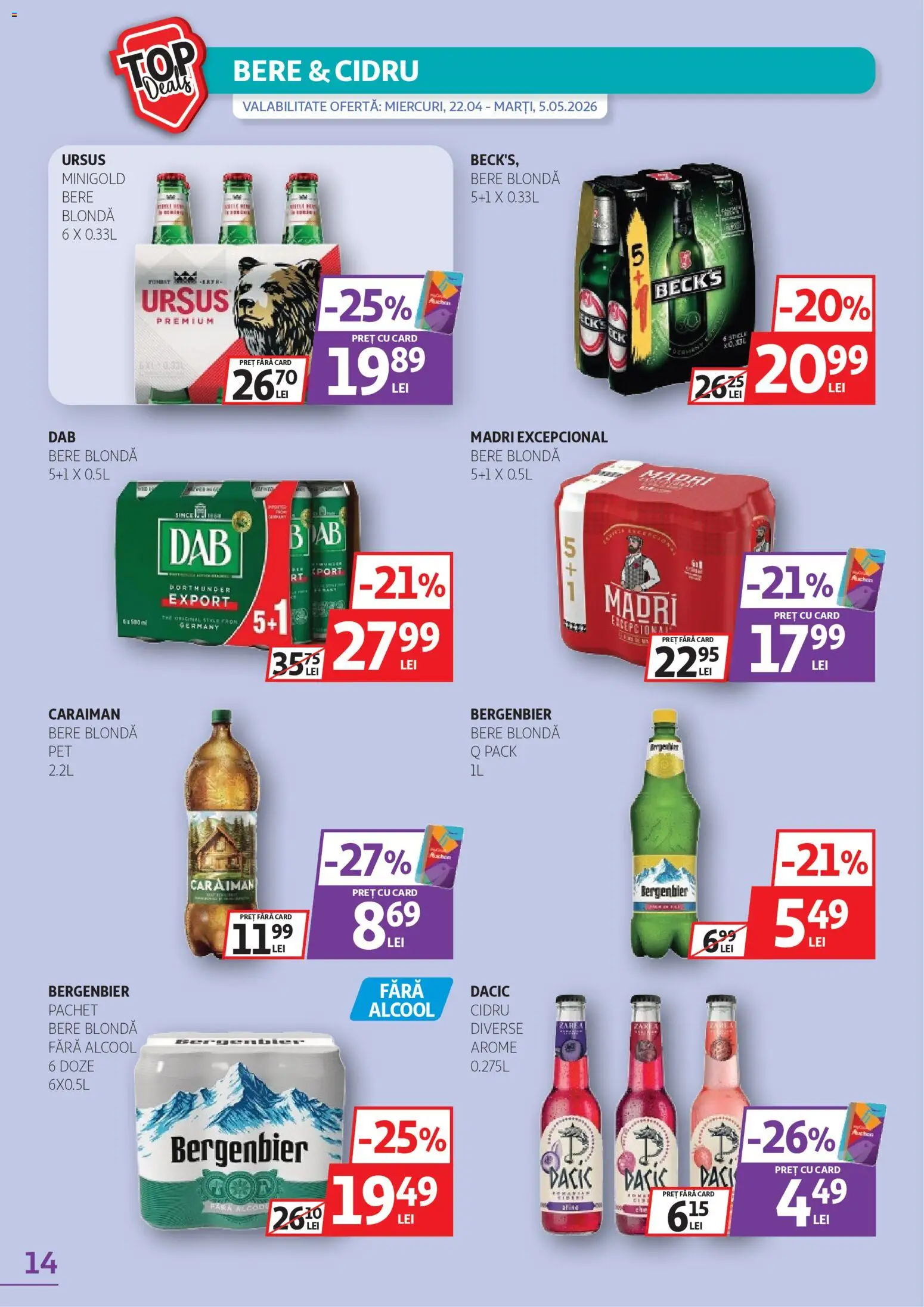 Noul catalog Auchan – valabil de la 22.04.2026 | Pagină: 14 | Produse: Bere, Plastik Kulübe