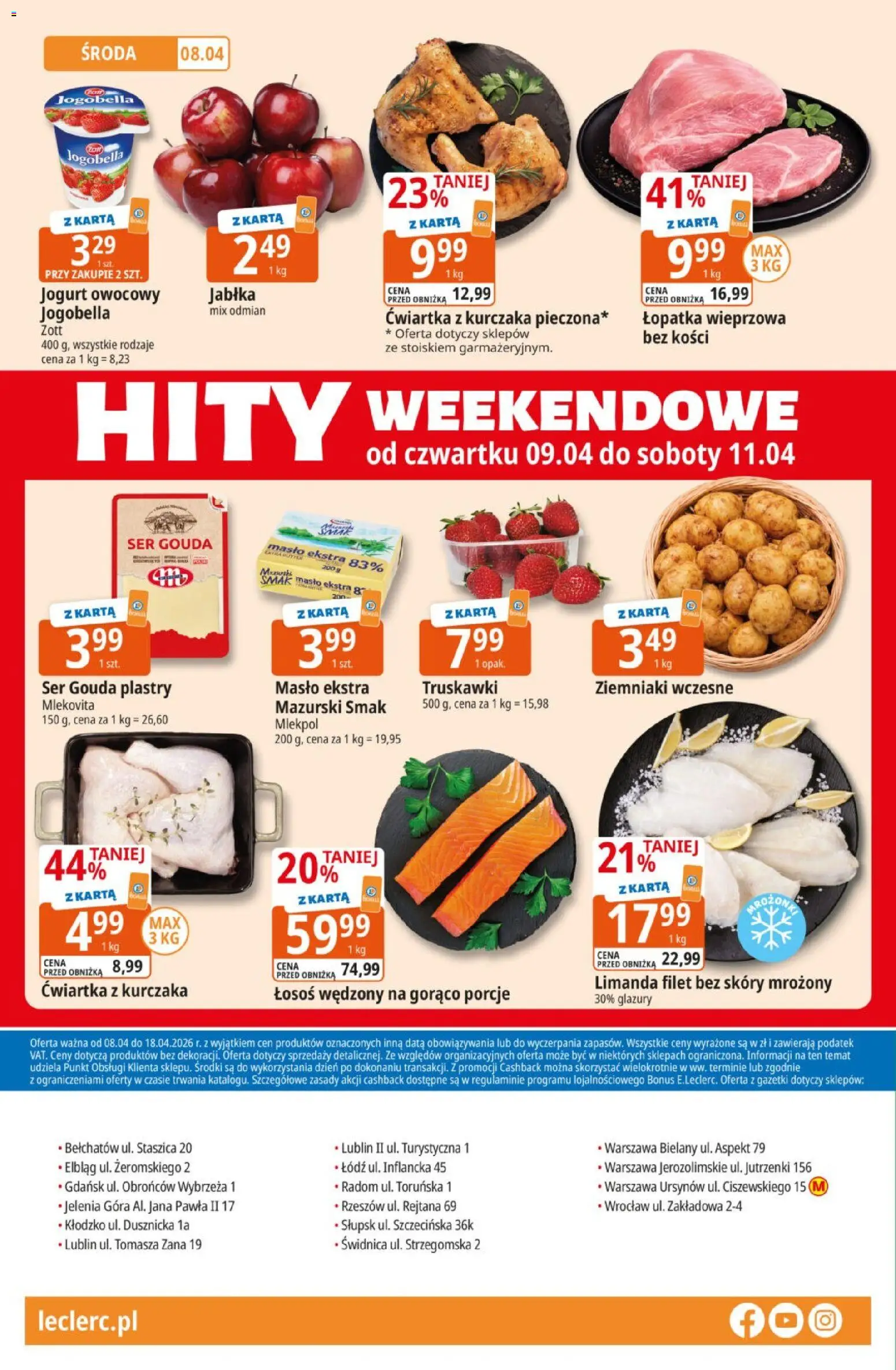 E.Leclerc gazetka od 08.04.2026 | Strona: 32 | Produkty: Łosoś wędzony, Jogurt owocowy, Ćwiartka z kurczaka, Ser gouda