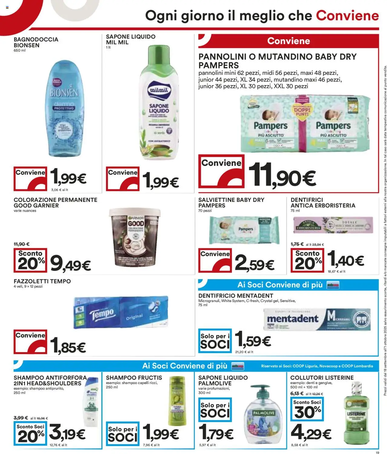 Volantino COOP del 18.09.2025 | Pagina: 19 | Prodotti: Shampoo, Sapone, Dentifricio, Pampers