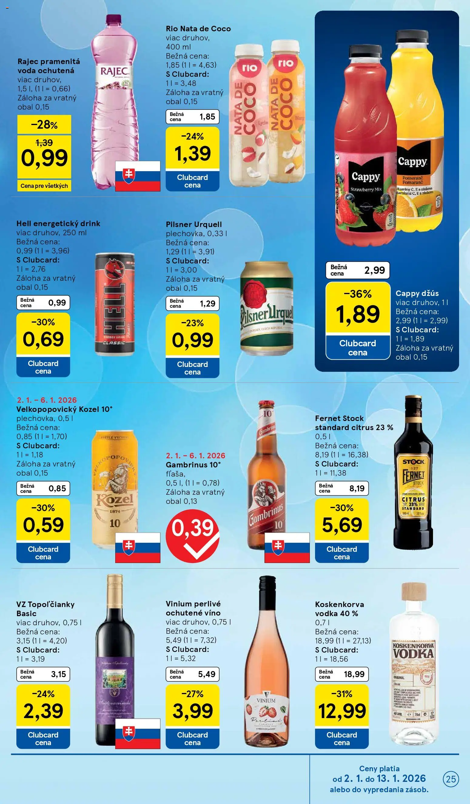 Nové Tesco akcie – leták je platný od 02.01.2026 | Strana: 25 | Produkty: Džús, Vodka, Energetický drink, Fernet
