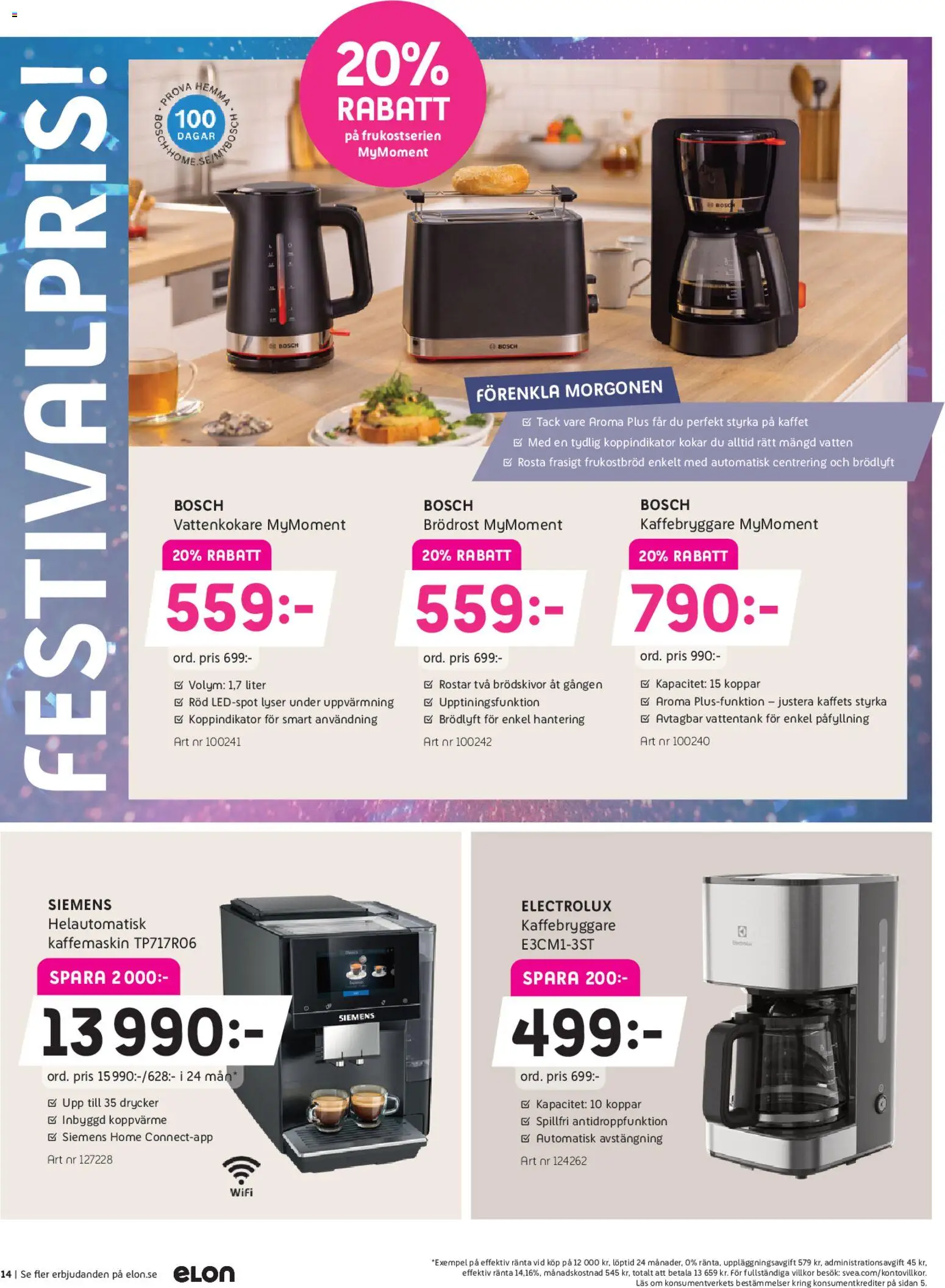 Elon reklamblad aktuell från 16.02.2026 | Sida: 14 | Produkter: Kaffebryggare, Vattenkokare, Brödrost, Wifi