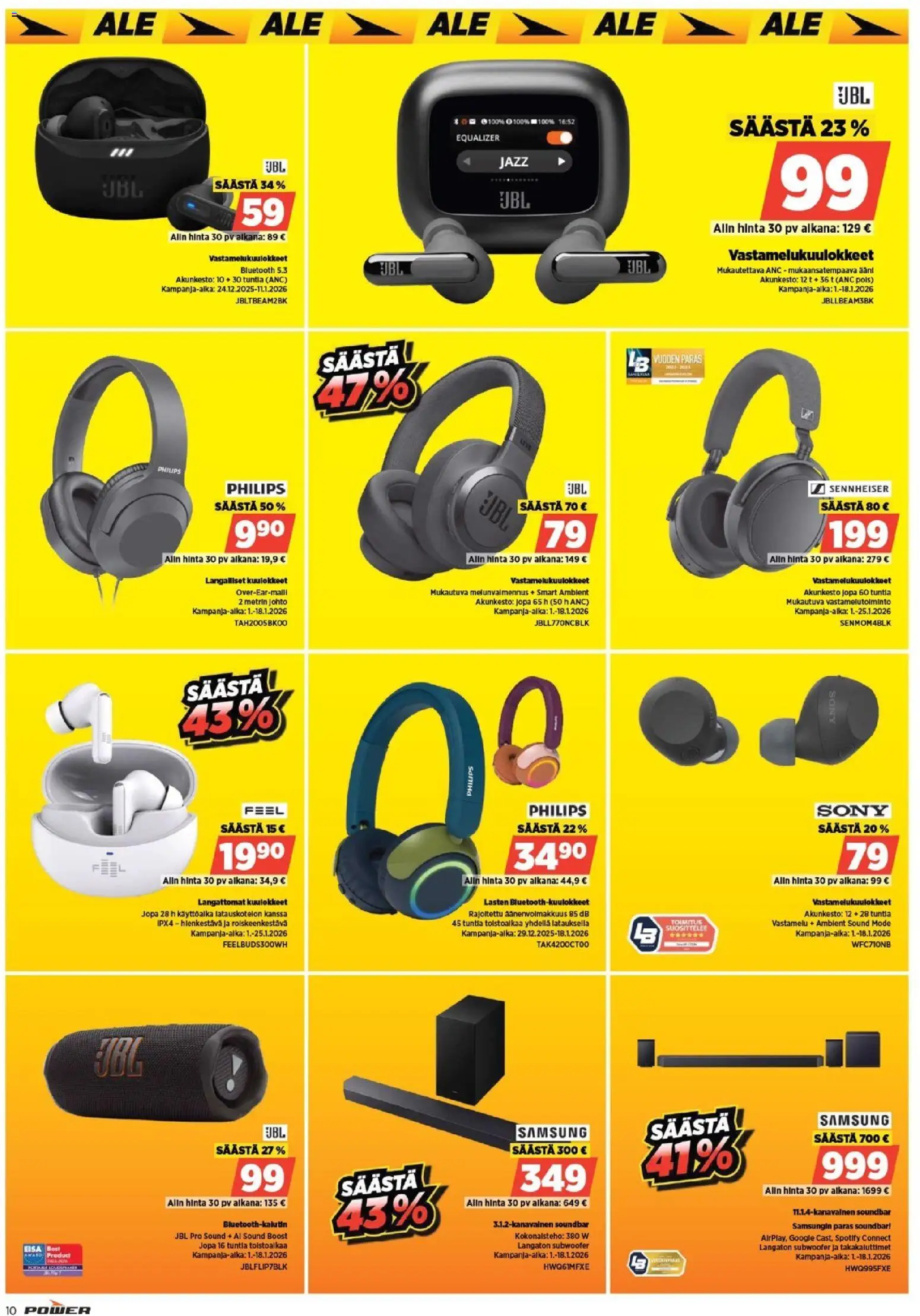 Power tarjoukset – voimassa 01.01.2026 alkaen | Sivu: 10 | Tuotteet: Vastamelukuulokkeet, Soundbar, Langattomat kuulokkeet, Kuulokkeet