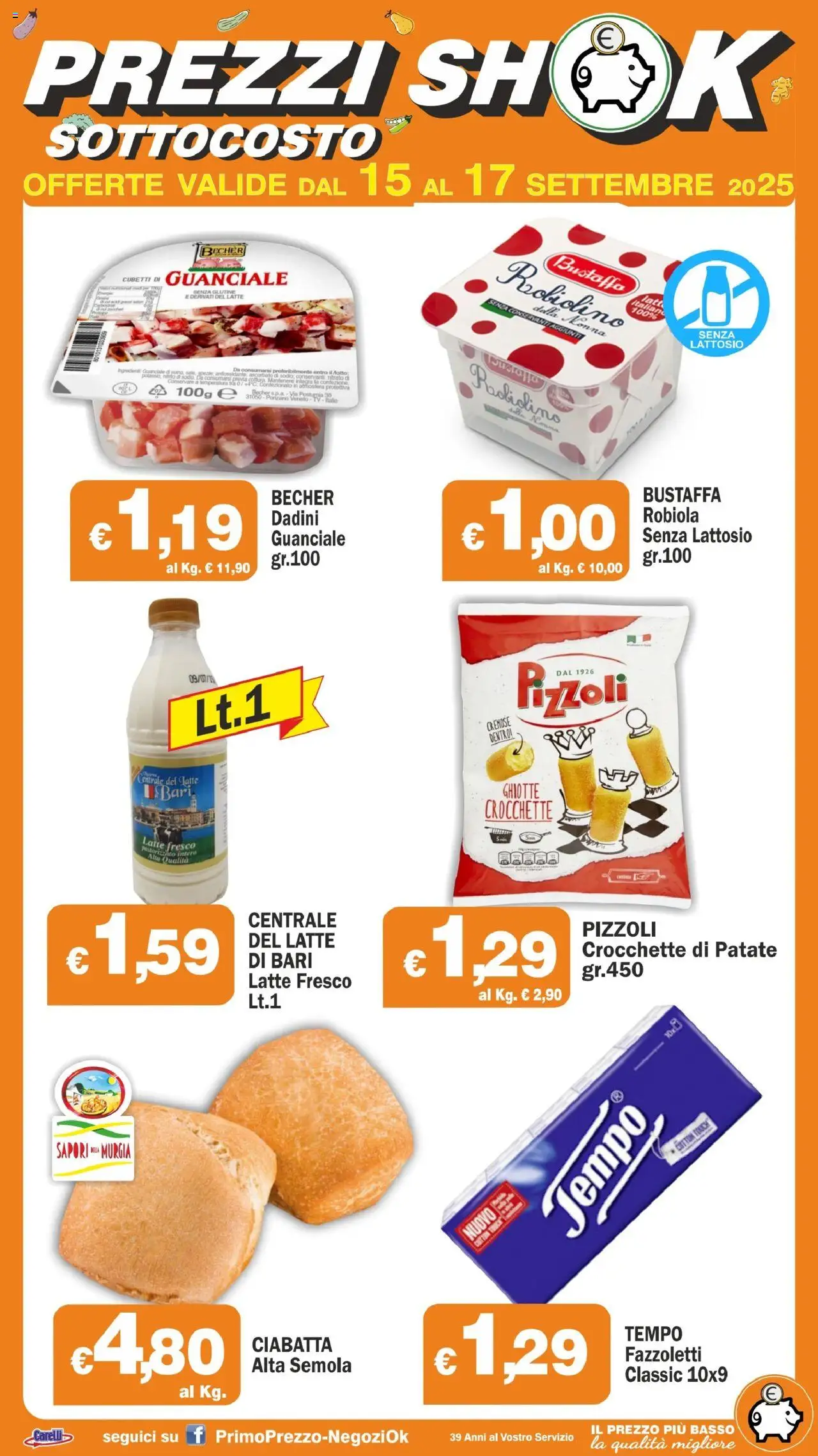 Volantino Primo Prezzo del 15.09.2025 | Pagina: 1 | Prodotti: Fazzoletti, Patate, TV, Robiola