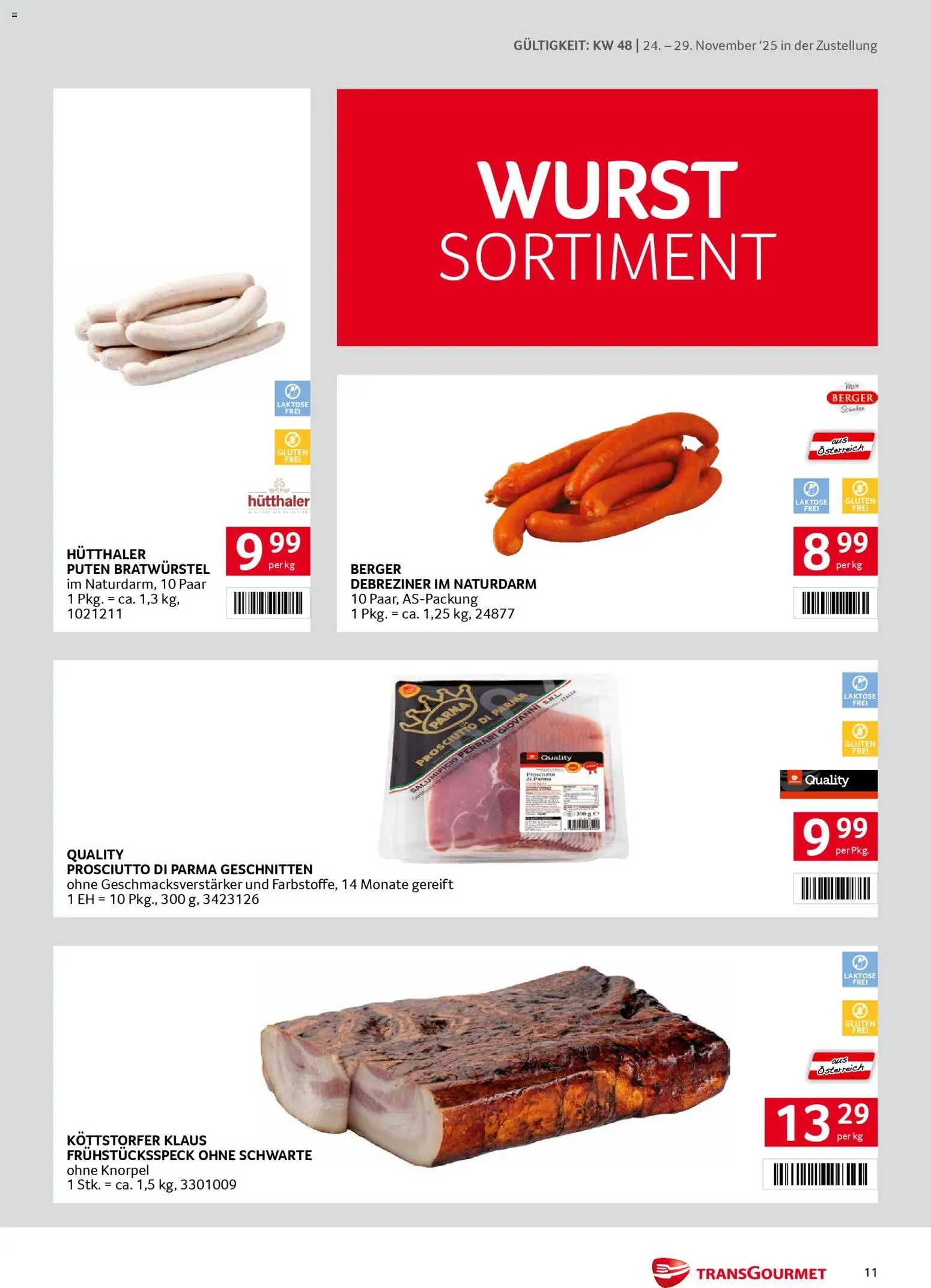 Transgourmet Zustellaktion gültig ab 24.11.2025 | Seite: 11 | Produkte: Wurst, Schinken