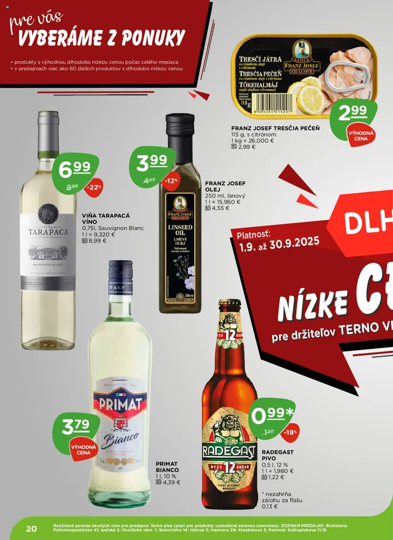 Nové Terno akcie – leták je platný od 18.09.2025 | Strana: 20 | Produkty: Pivo, Olej, Víno, Radegast