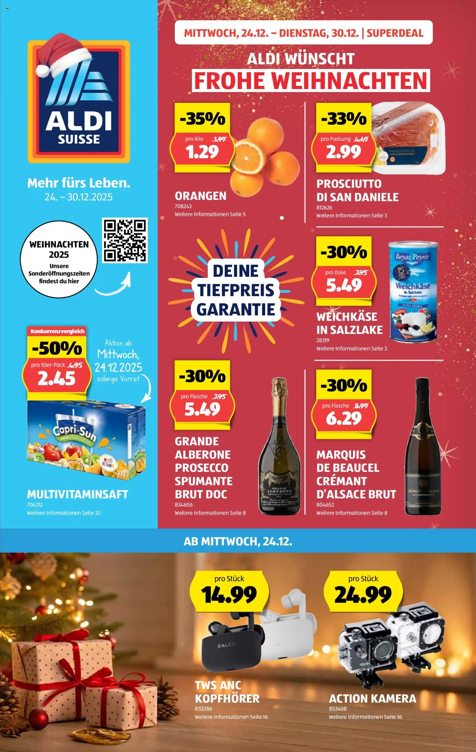 Aldi Aktionen – gültig ab 24.12.2025 | Seite: 1 | Produkte: Orangen, Kopfhörer, Kamera