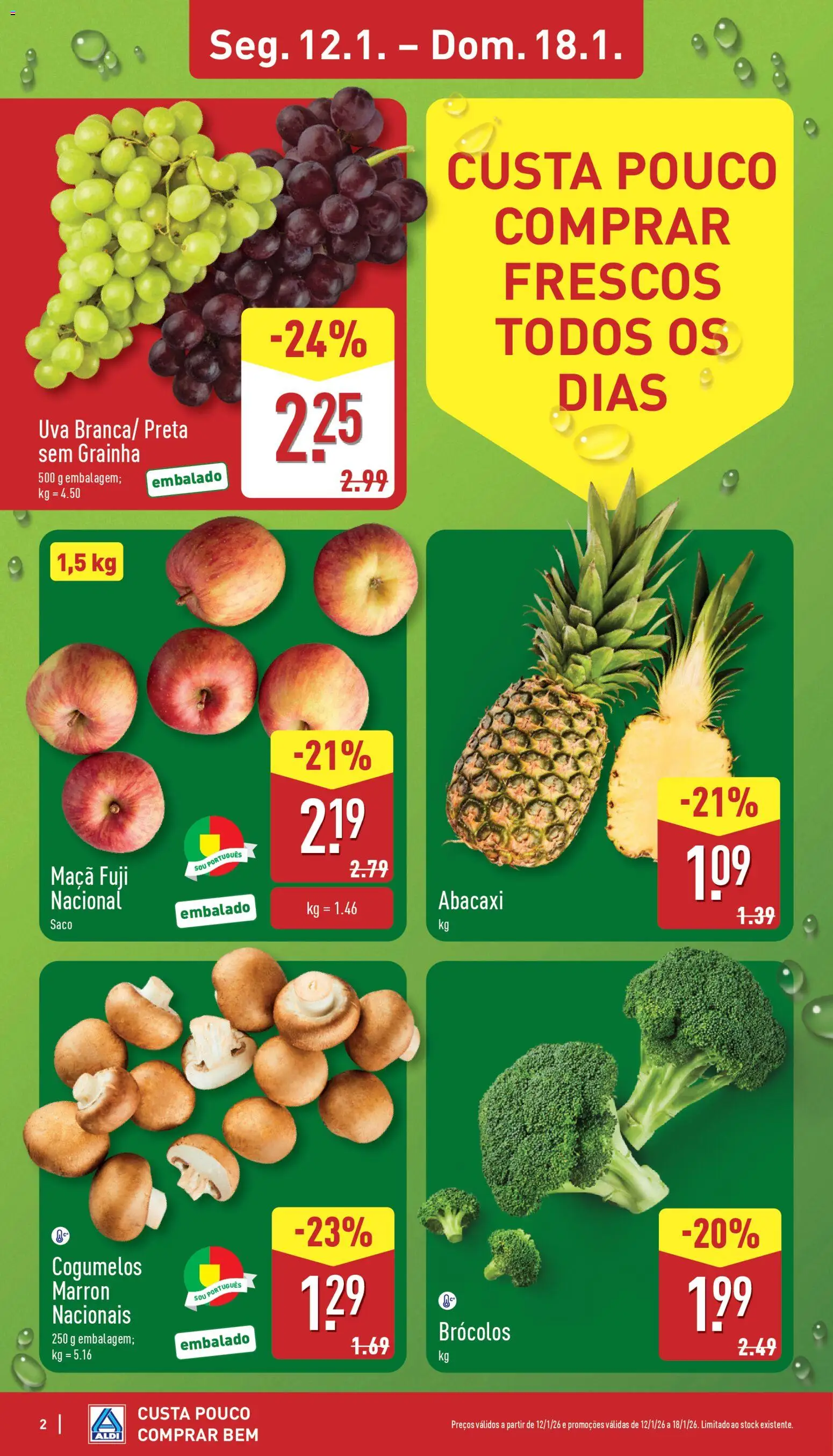 Aldi folheto │ válido de 12.01.2026 | Página: 2 | Produtos: Brócolos, Maça, Abacaxi, Cogumelos