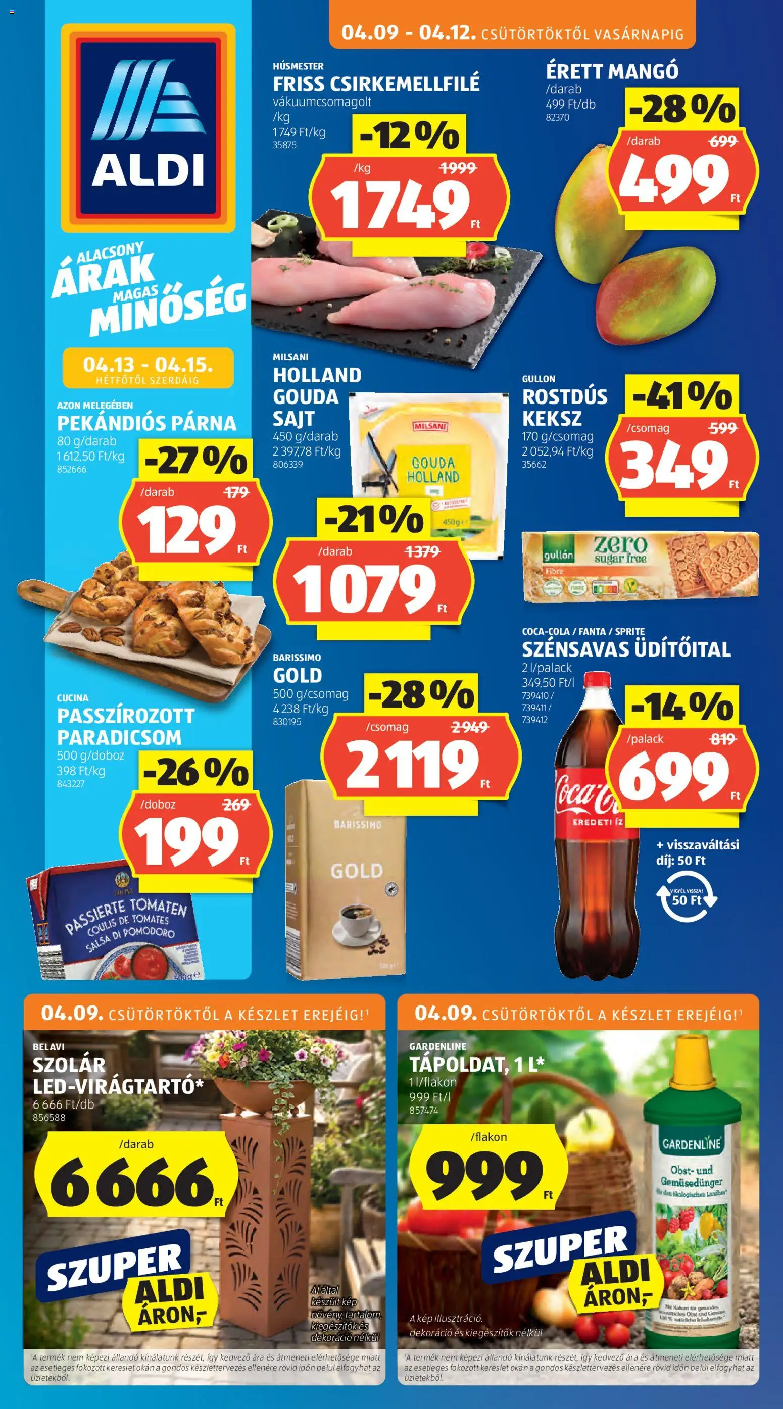 Aldi akciós ujság - amely érvényes a következő dátumtól: 09.04.2026 | Oldal: 1 | Termékek: Fanta, Párna, Gouda, Paradicsom