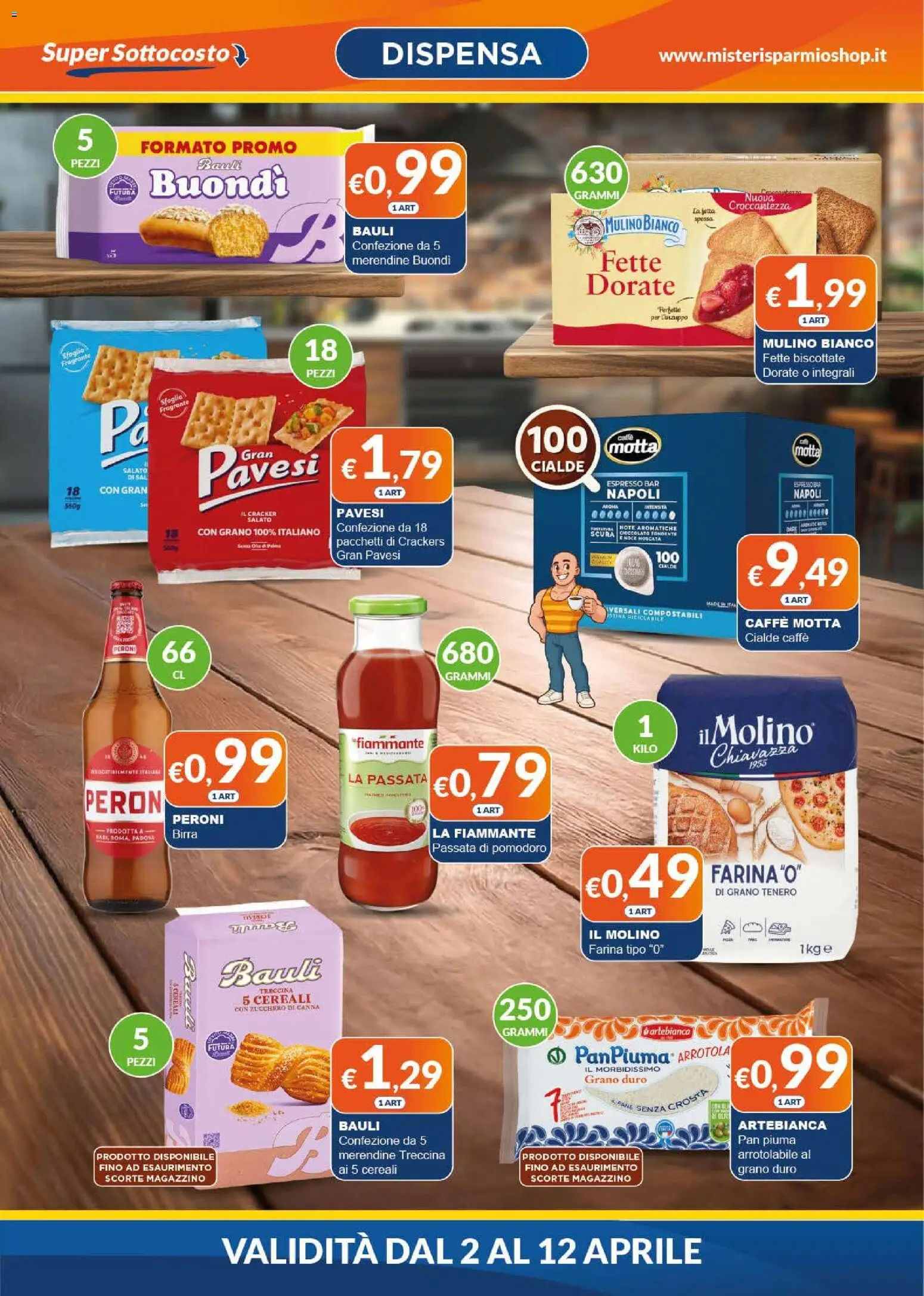 Volantino Mister Risparmio del 02.04.2026 | Pagina: 2 | Prodotti: Birra, Pomodoro, Fette biscottate, Merendine