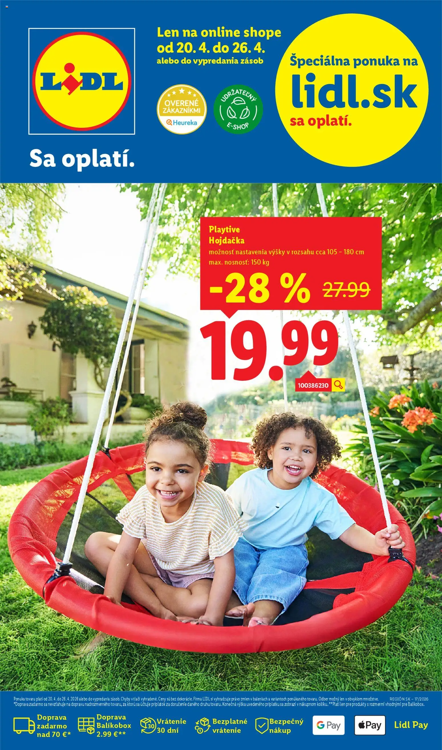 Nové Lidl akcie – leták je platný od 20.04.2026 | Strana: 1 | Produkty: Hojdačka