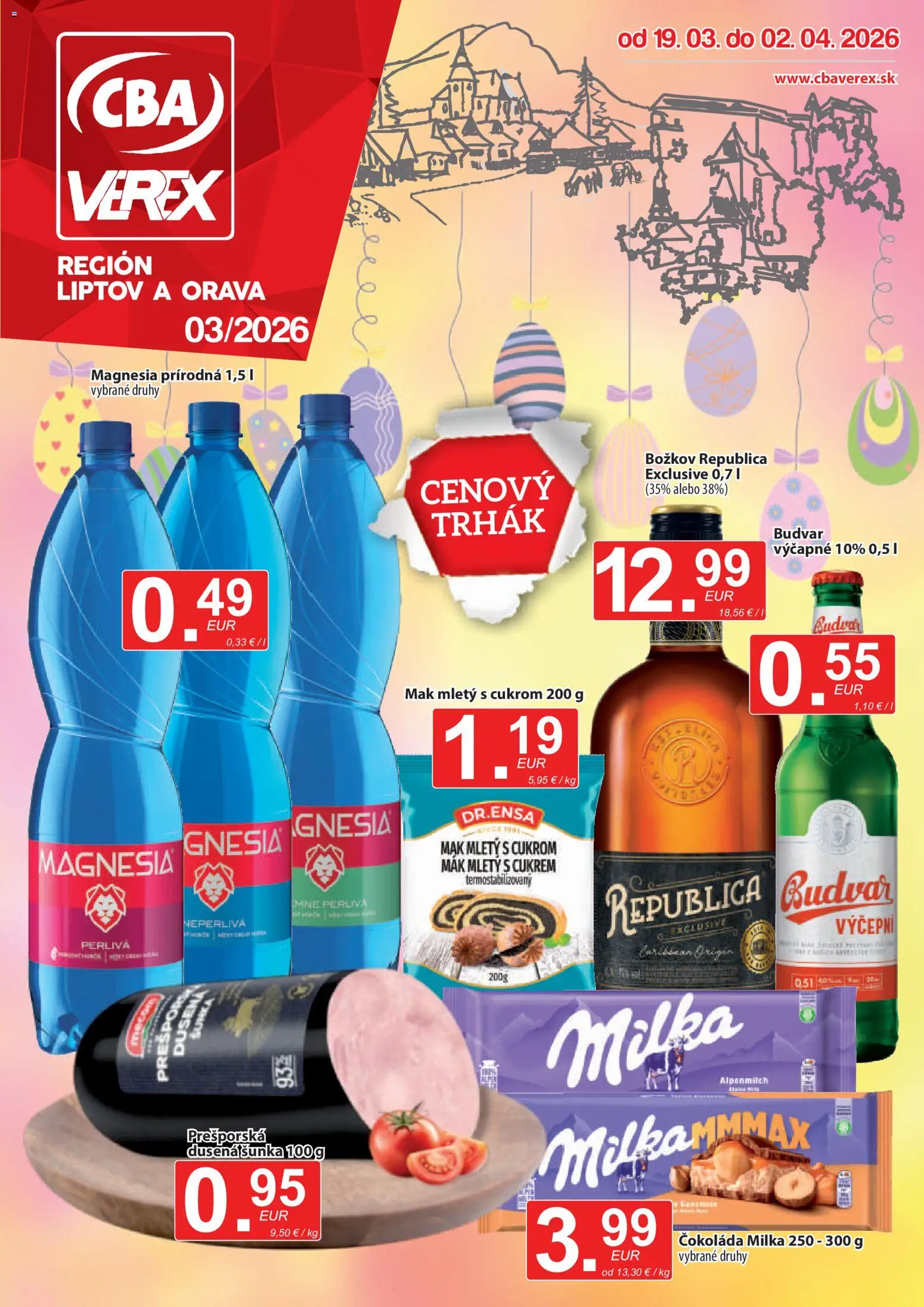 Nové CBA Verex akcie – leták je platný od 19.03.2026 | Strana: 1 | Produkty: Šunka, Budvar, Milka, Mak