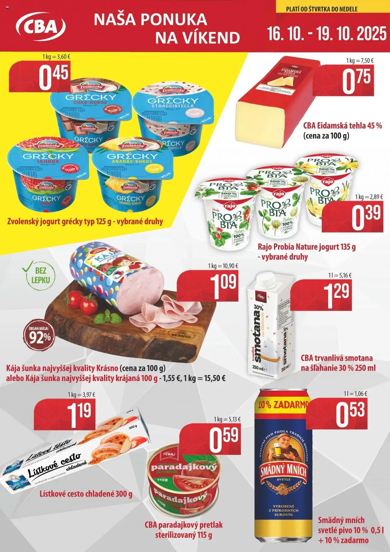 Nové Sintra akcie – leták je platný od 16.10.2025 | Strana: 1 | Produkty: Pivo, Šunka, Lístkové cesto, Smädný Mních