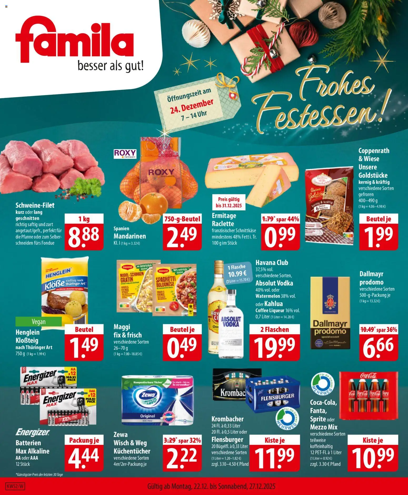 Famila Prospekt 	 – gültig ab 22.12.2025 | Seite: 1 | Produkte: Coca cola, Maggi, Flensburger, Fondue