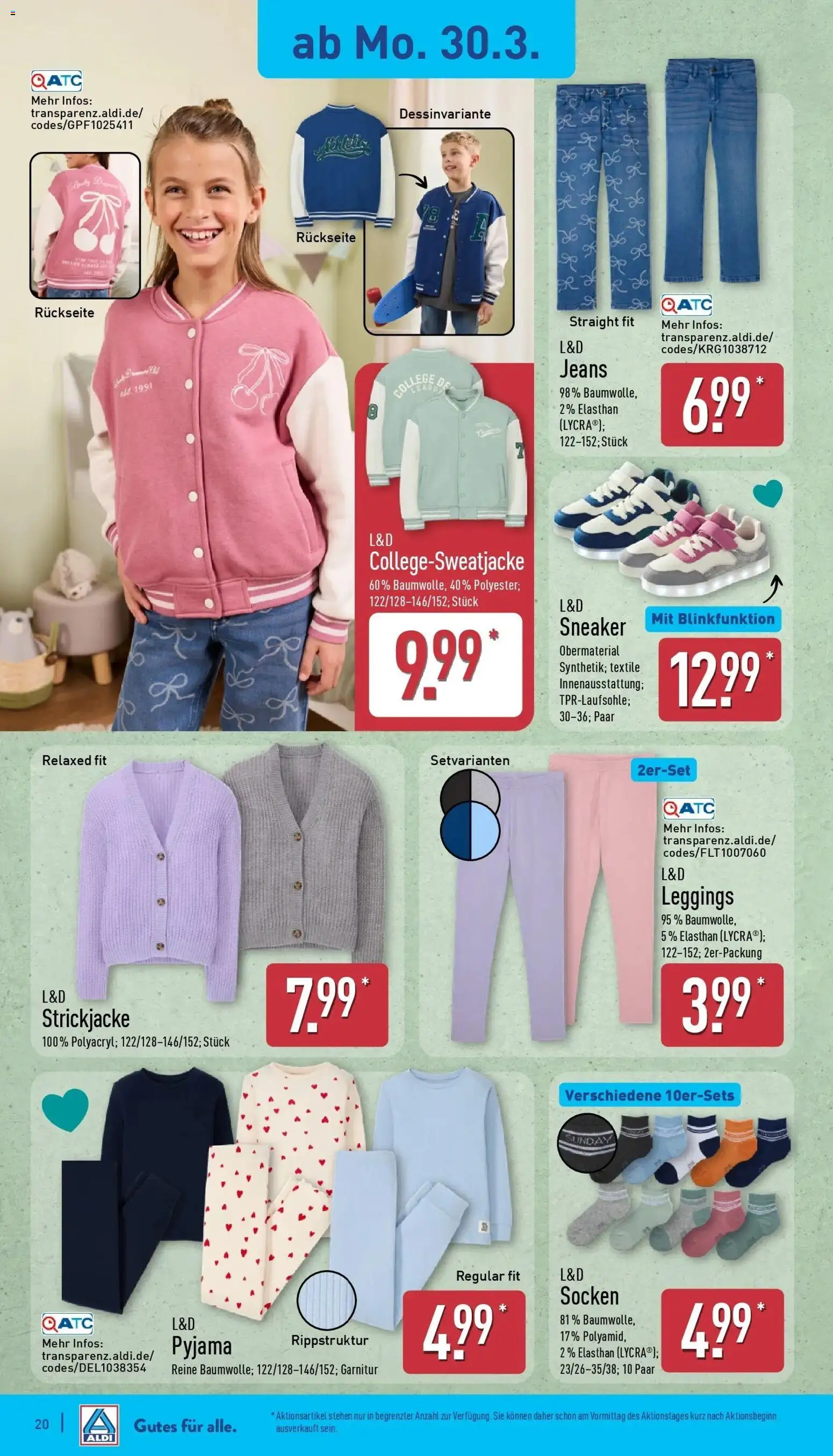 Aldi Wochenangebote – gültig ab 30.03.2026 | Seite: 21 | Produkte: Socken, Pyjama, Leggings, Strickjacke