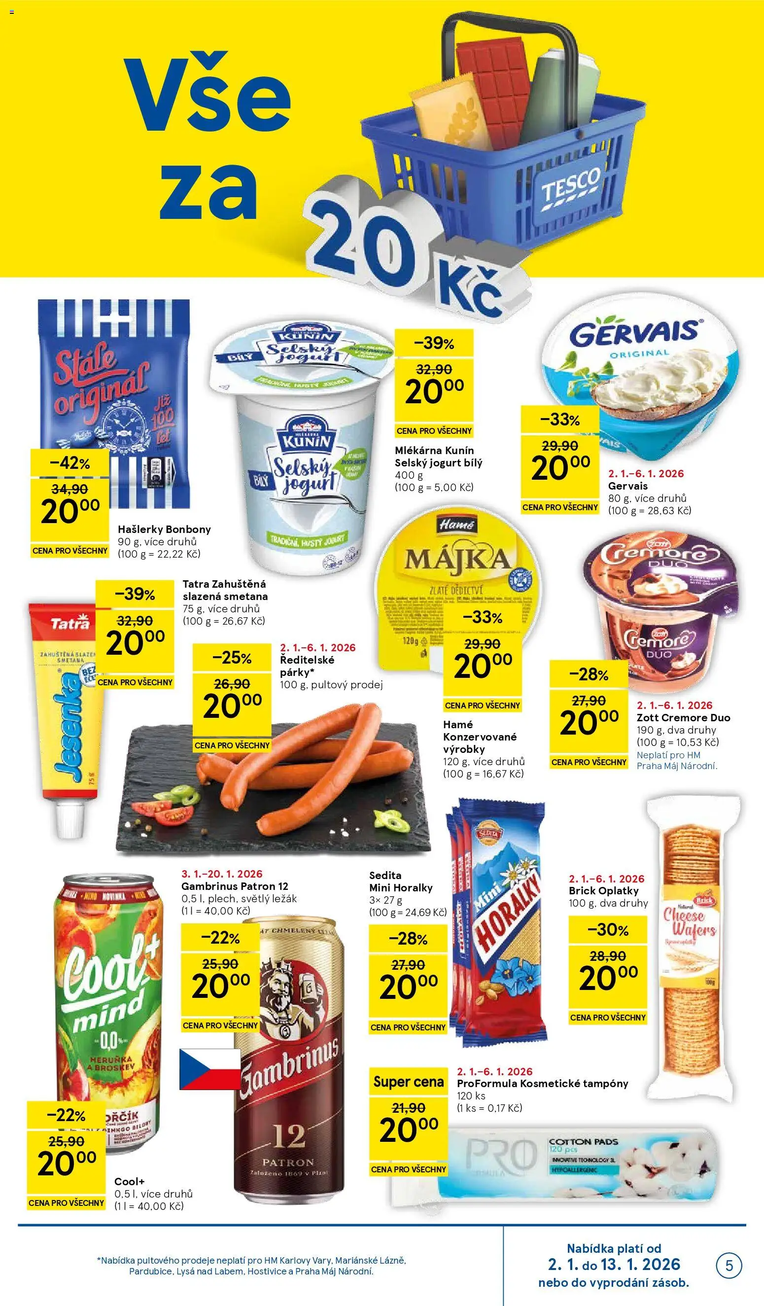 Tesco leták - Hypermarket od 02.01.2026 | Strana: 5 | Produkty: Párky, Gervais, Gambrinus, Oplatky