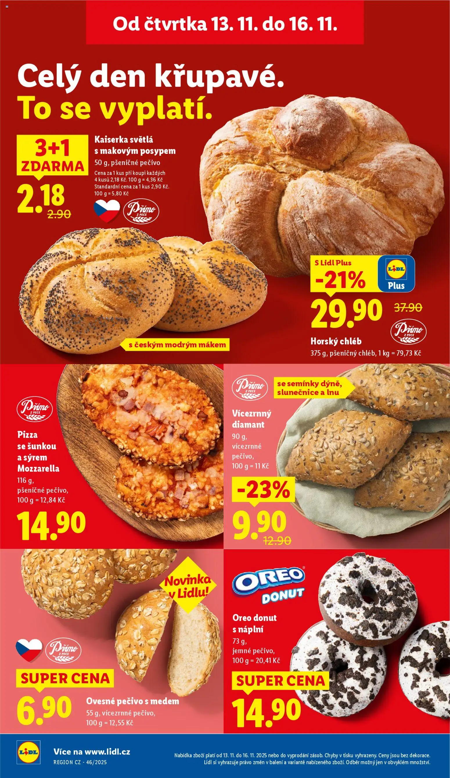 Lidl leták od 13.11.2025 | Strana: 14 | Produkty: Kaiserka, Pizza, Horský chléb, Oreo