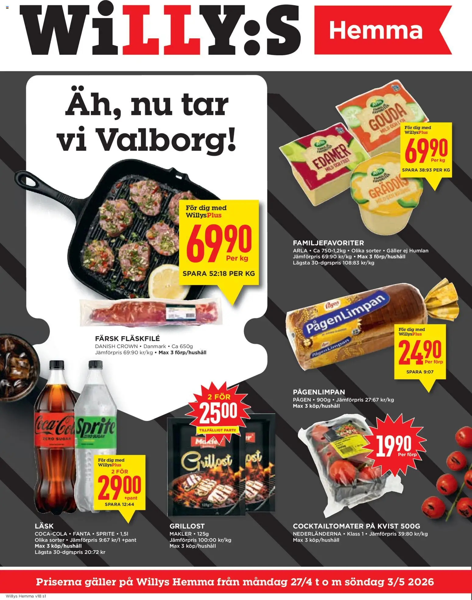 Willys reklamblad aktuell från 27.04.2026 | Sida: 1 | Produkter: Cocktailtomater, Grillost, Galler, Fanta