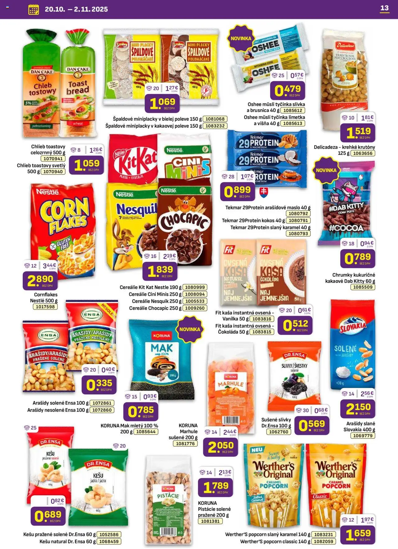 Nové Libex akcie – leták je platný od 20.10.2025 | Strana: 13 | Produkty: Chocapic, Cereálie, Pistácie, Nesquik