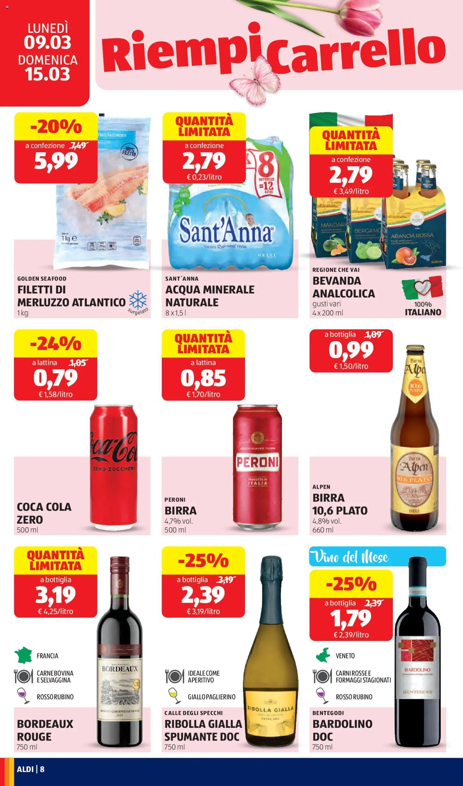Volantino Aldi del 09.03.2026 | Pagina: 8 | Prodotti: Arancia, Acqua minerale, Coca Cola, Aperitivo
