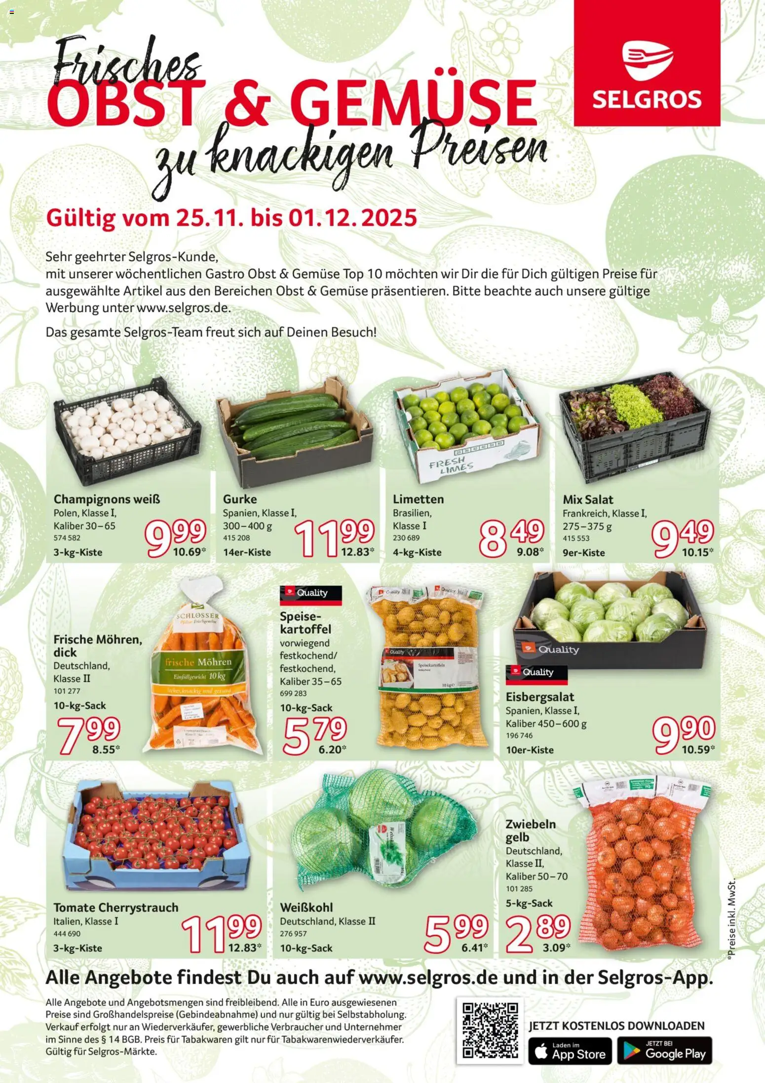 Selgros Obst & Gemüse – gültig ab 25.11.2025 | Seite: 1 | Produkte: Limetten, Eisbergsalat, Mohren, Gemüse