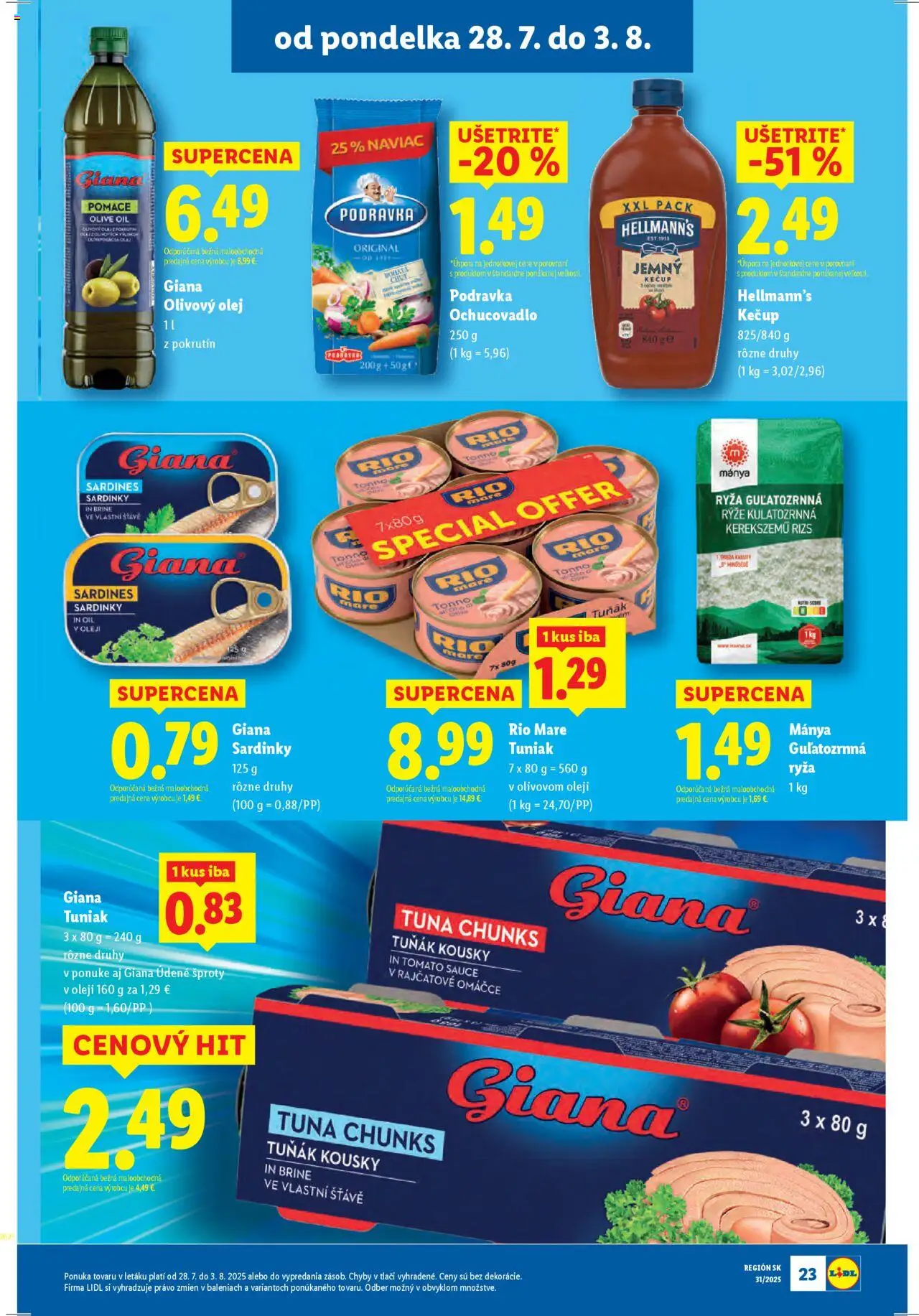 Lidl leták │ platný od 28.07.2025 | Strana: 23 | Produkty: Olej, Sardinky, Ryža, Rio Mare