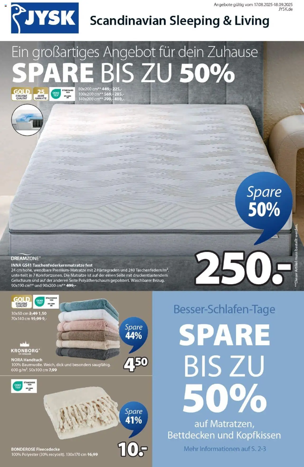 Angebote JYSK - gültig ab dem 17.08.2025 | Seite: 1 | Produkte: Matratze, Kopfkissen