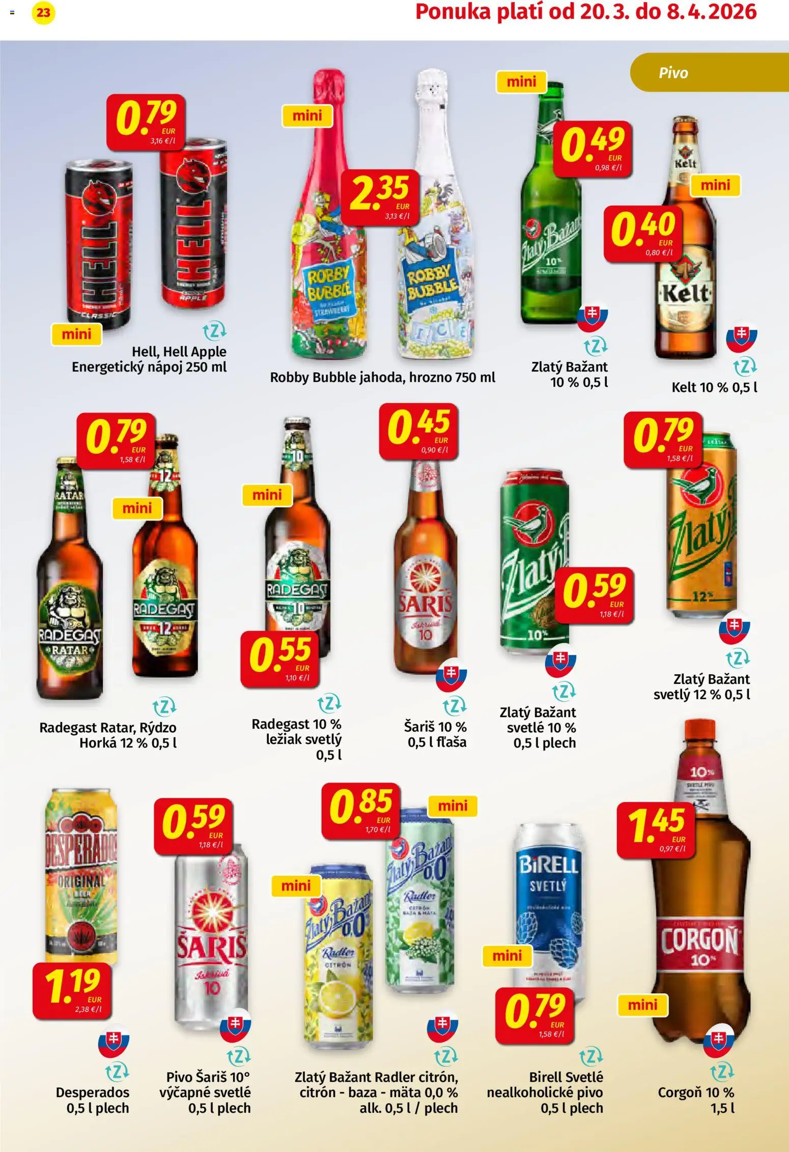 Nové Koruna akcie – leták je platný od 20.03.2026 | Strana: 23 | Produkty: Pivo, Desperados, Zlatý Bažant, Energetický nápoj