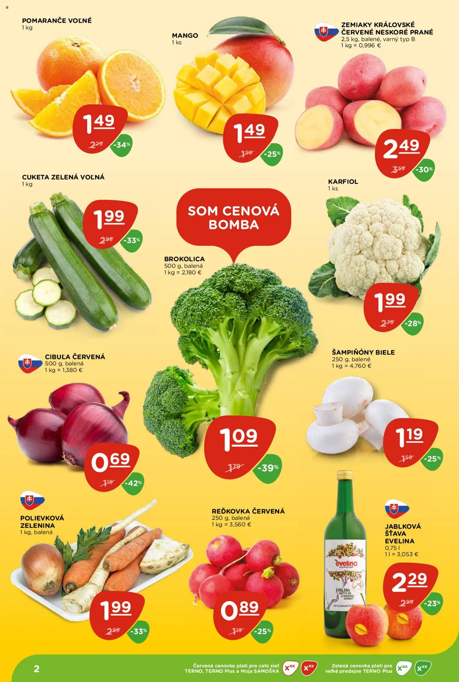 Nové Terno akcie – leták je platný od 12.03.2026 | Strana: 2 | Produkty: Pomaranče, Brokolica, Zemiaky, Mango