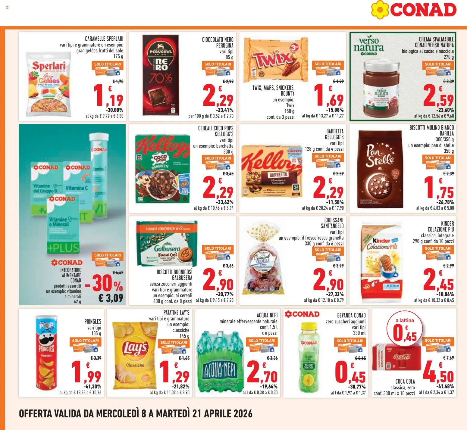 Volantino Conad del 08.04.2026 | Pagina: 18 | Prodotti: Patatine, Cacao, Integratore alimentare, Coca Cola
