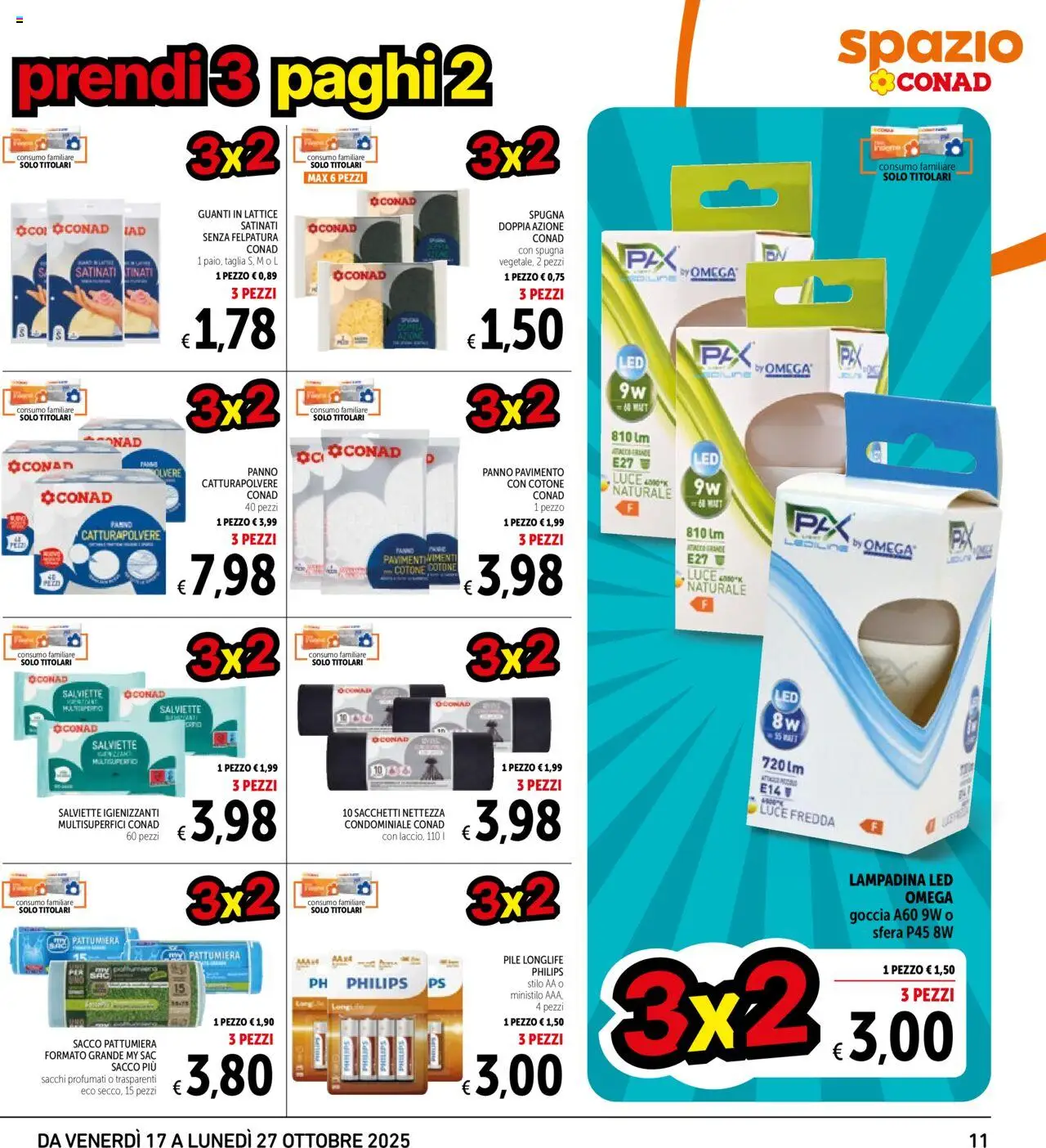 Volantino Spazio Conad del 17.10.2025 | Pagina: 11 | Prodotti: Spugna, Pile, Salviette igienizzanti, Guanti