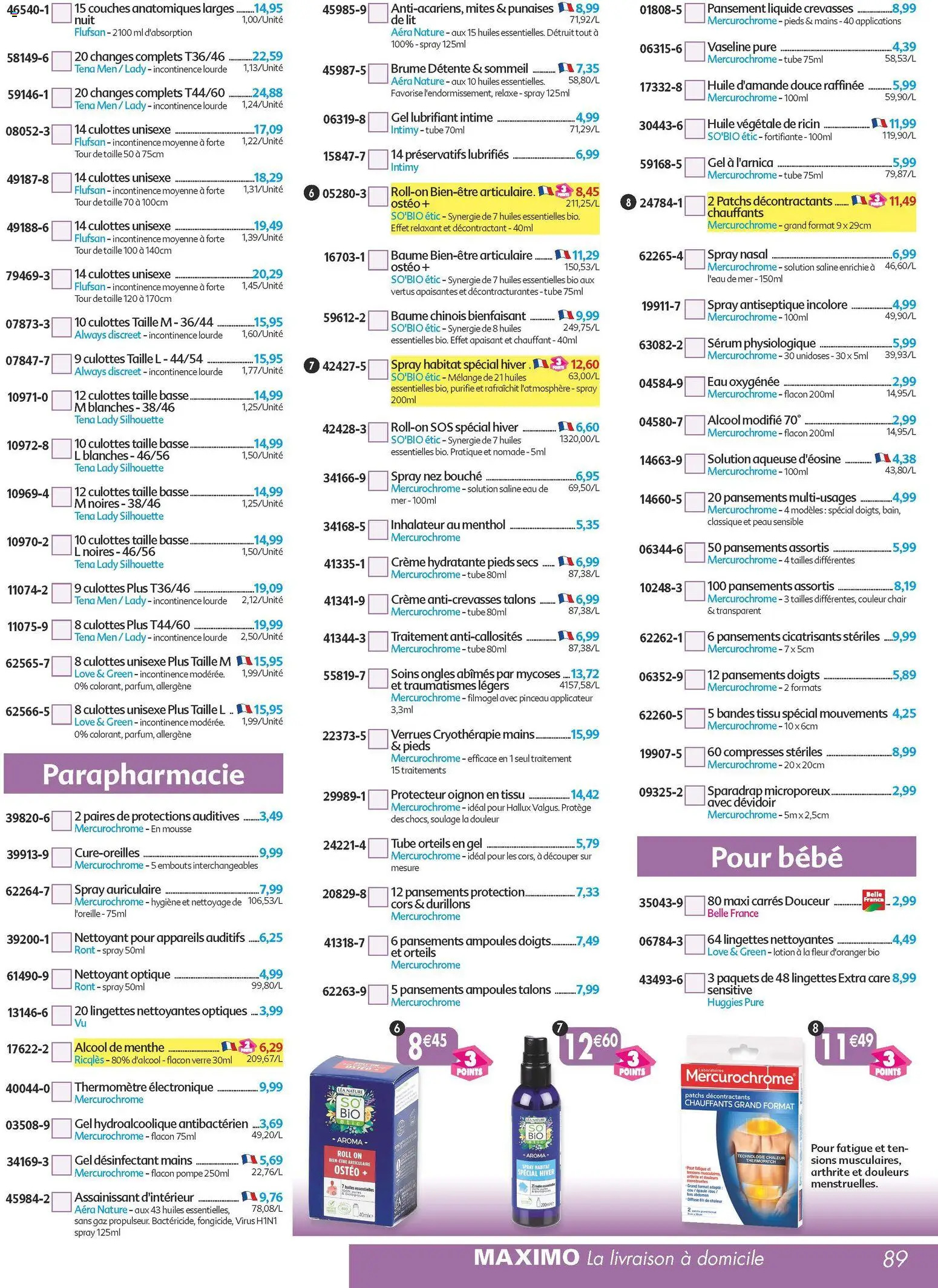 {H1} | Page: 89 | Produits: Couches, Eau oxygénée, Gel hydroalcoolique, Pinceau