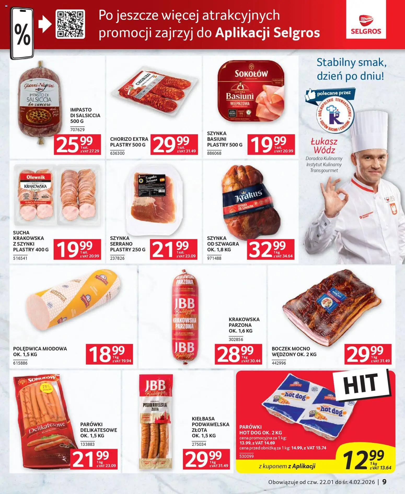Selgros cash&carry Gazetka - Oferta dla gastronomii od 22.01.2026 | Strona: 9 | Produkty: Kiełbasa, Parówki, Szynka, Boczek