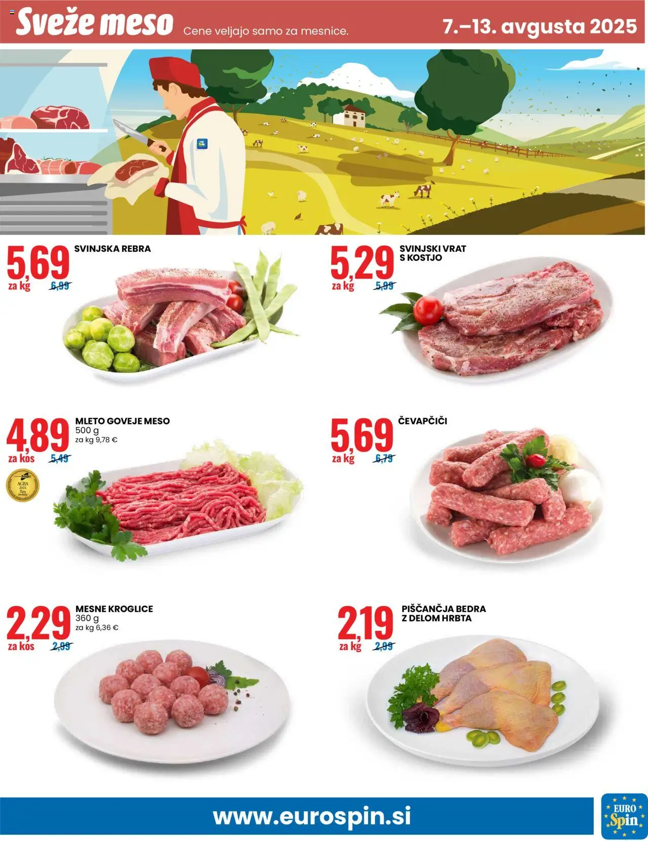 Eurospin katalog │ velja od 07.08.2025 | Stran: 3 | Izdelki: Čevapčiči, Piščančja bedra, Kos, Goveje meso