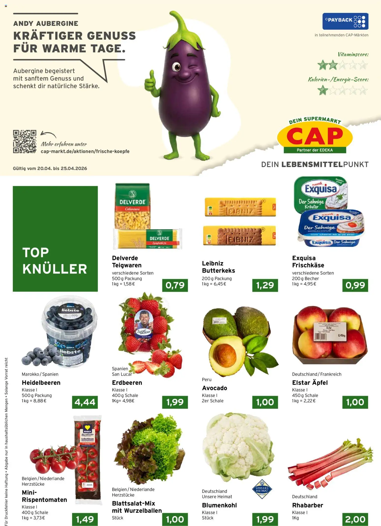 CAP Markt Prospekt – gültig ab 20.04.2026 | Seite: 1 | Produkte: Äpfel, Exquisa, Blumenkohl, Frischkase