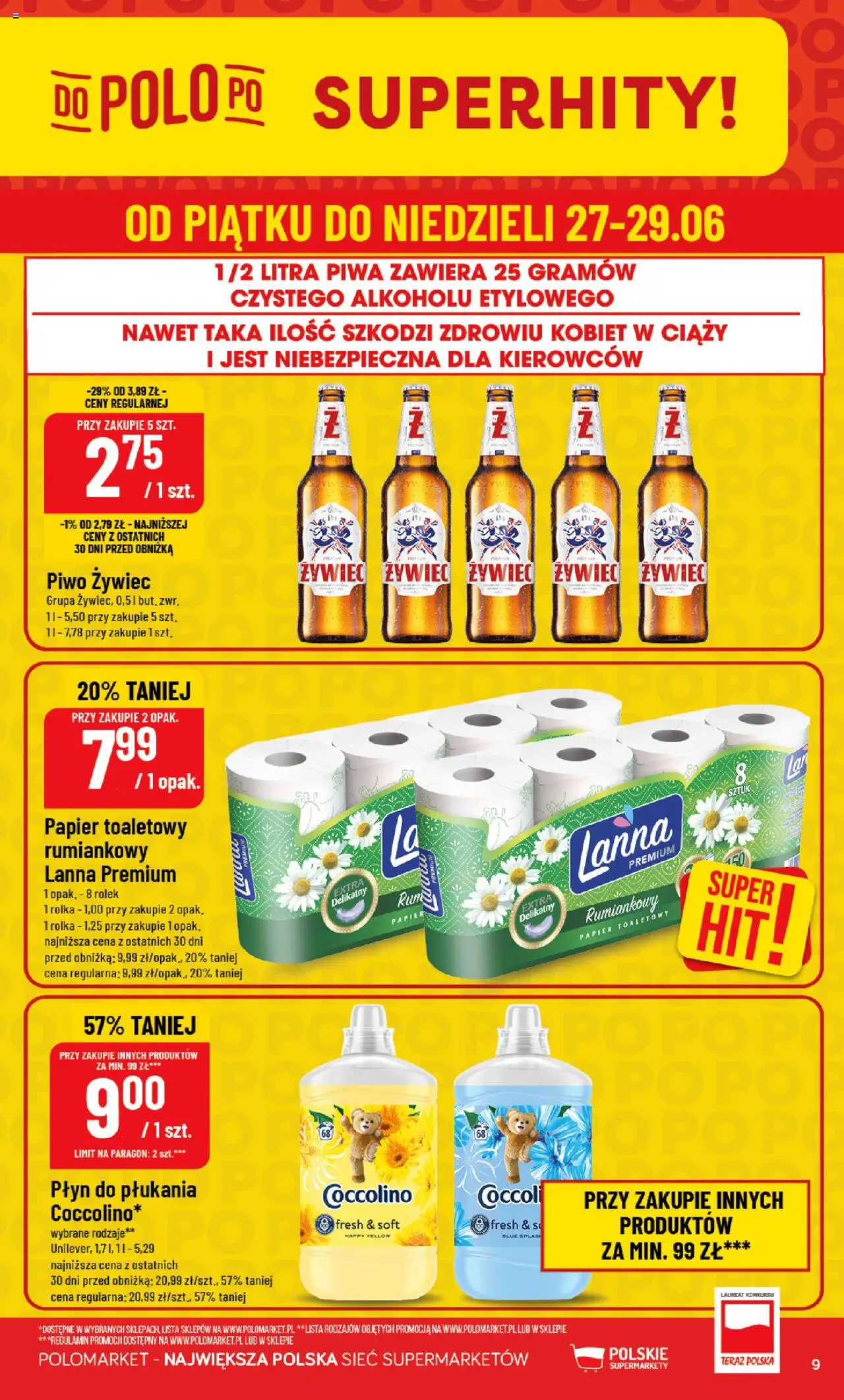 POLOmarket Gazetka od 25.06.2025 | Strona: 9 | Produkty: Papier toaletowy, Coccolino, Piwo